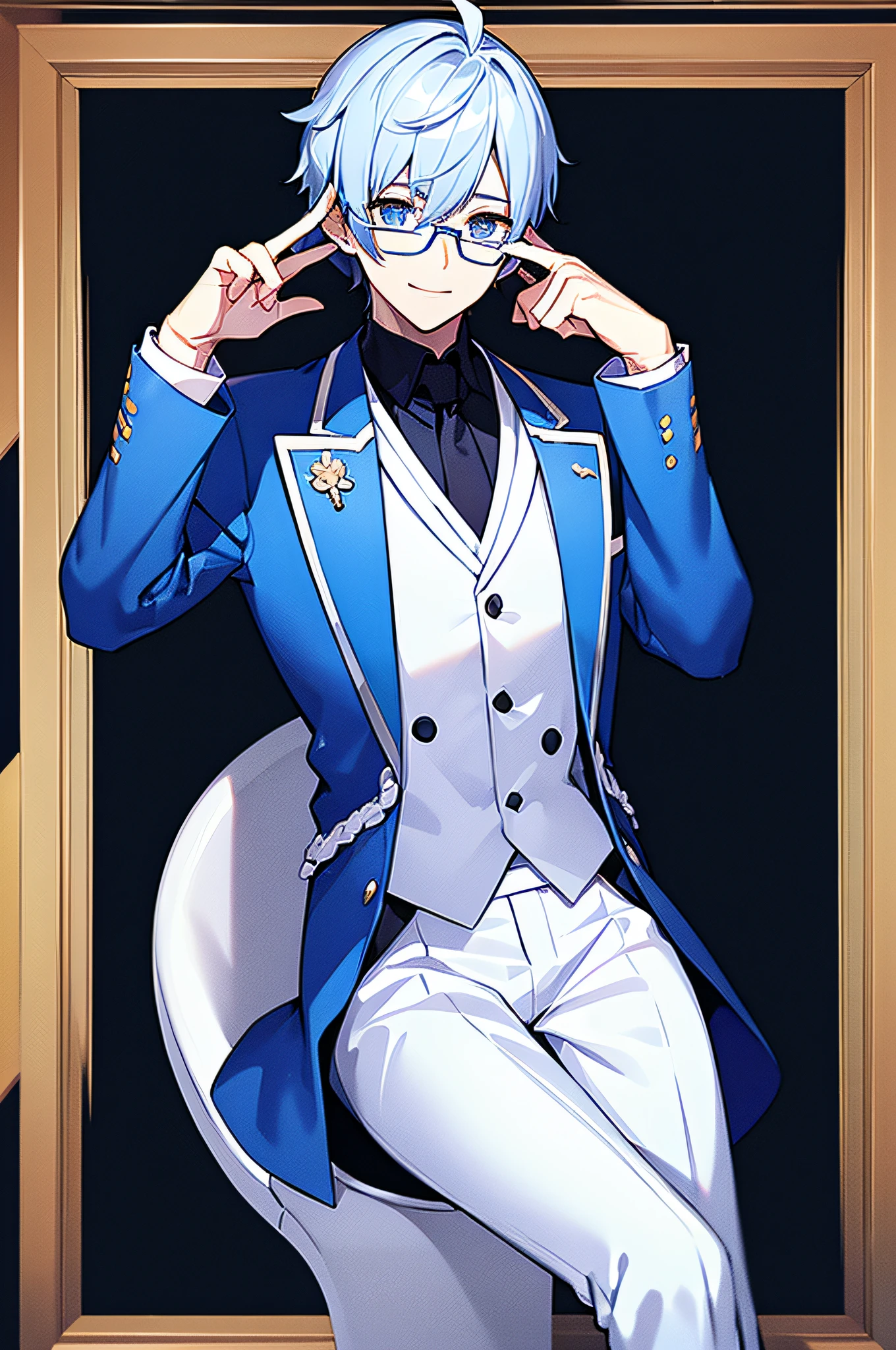 16k,male people,Blue-white hair,White suit。Square frame glasses,Sit Pose,Sunny and cheerful。