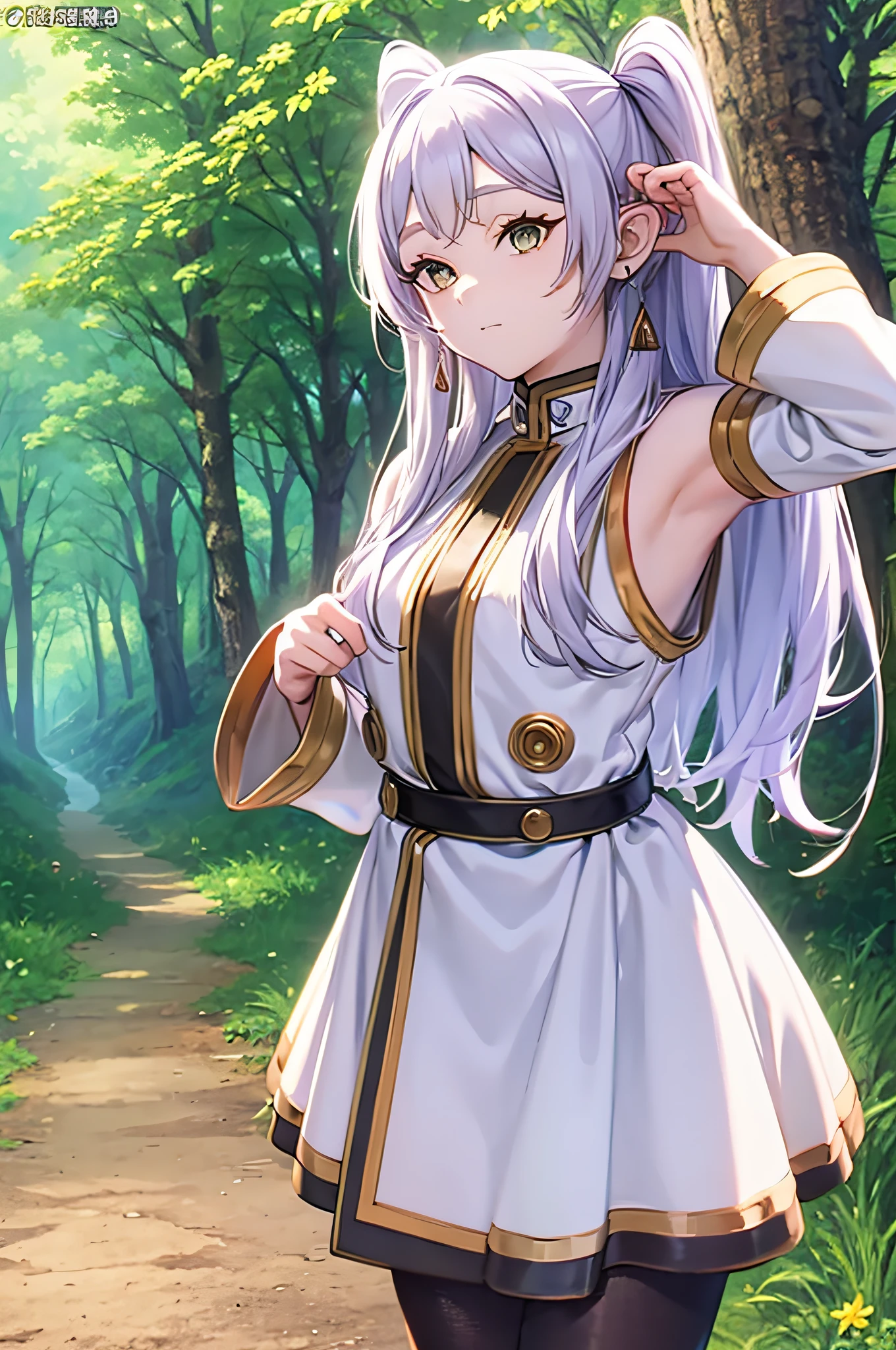 Life activities, Freelen、in woods、***1人、耳Nipple Ring、elvish、length hair、Spiky ears、独奏、Twin-tailed、verd s eyes、耳Nipple Ring、white  hair、[looking at viewert]Usually provided: white capelet、White sleeves、long-sleeve、 [long boots、brown shoes、Black pantyhose]robe blanche: bare shoulders​、鎖骨、doress、robe blanche、sleeveless dresses、the pose: is standing(masutepiece:1.2), Best Quality,Best Beautiful Girl, High resolution, Unity 8k壁纸, (Illustration:0.8), Perfect Lighting, extremely details CG, (Perfect hands, Perfect Anatomy),((model poses)),Eyes open,(masutepiece:1.2), High resolution, Unity 8k壁纸, (Illustration:0.8), extra detailed face, Perfect Lighting, extremely details CG, (Perfect hands, Perfect Anatomy),masutepiece, Best Quality,Cowboy Shot,