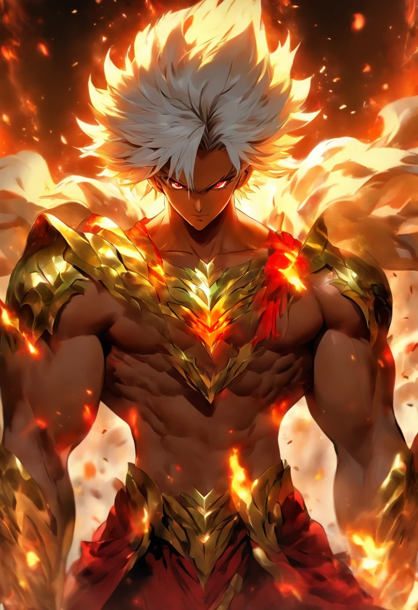 a male anime character with white hair and red eyes, character album cover, full art, fantasy character, full art illustration, full portrait of elementalist, character profile art, official character art, official character illustration, merlin, high detailed official artwork, game key art, mobile game art, fangs, smurk, white hair, no shirt, muscular body, walking pose, white clothes, gold armor on the arms