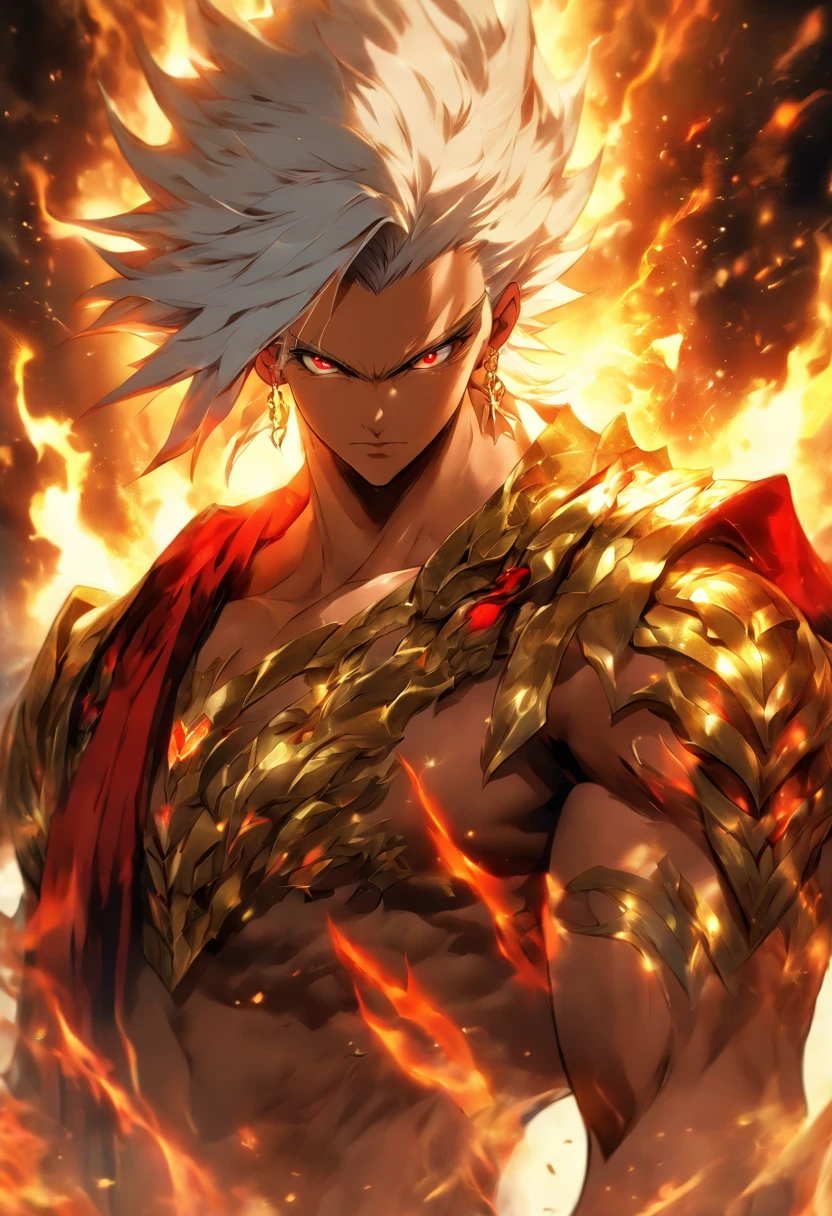 a male anime character with white hair and red eyes, character album cover, full art, fantasy character, full art illustration, full portrait of elementalist, character profile art, official character art, official character illustration, merlin, high detailed official artwork, game key art, mobile game art, fangs, smurk, white hair, no shirt, muscular body, walking pose, white clothes, gold armor on the arms