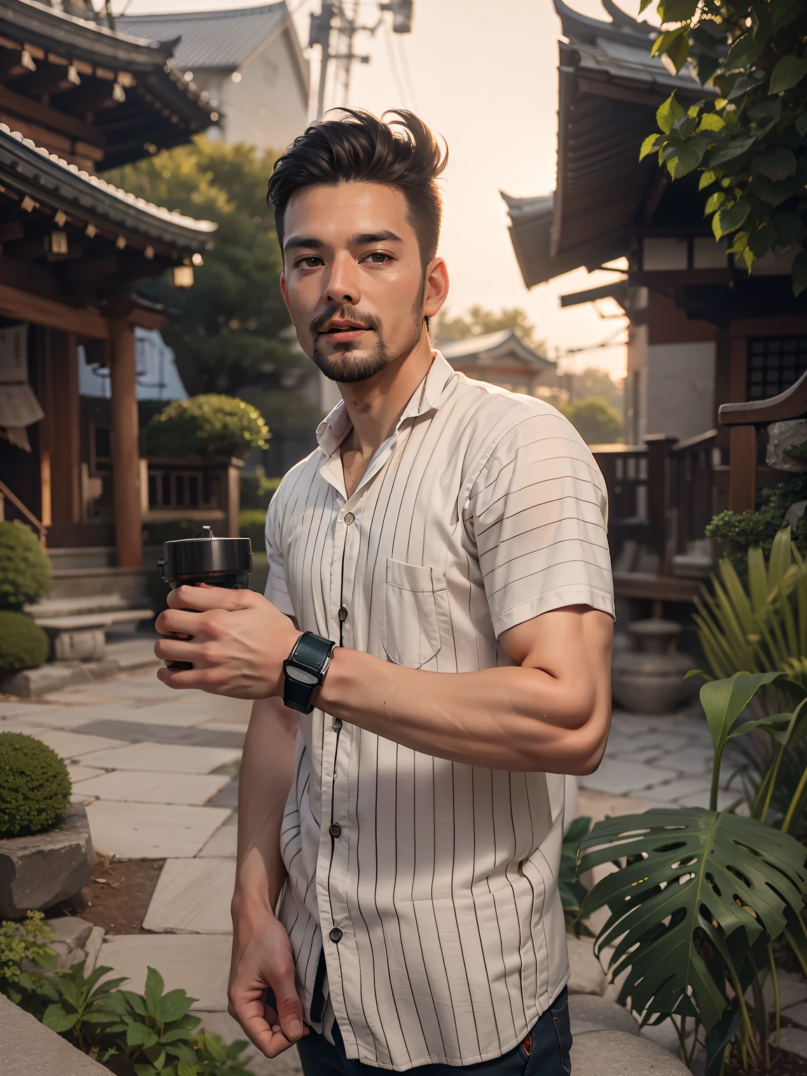 (one macho man), (American handsome muscular man in his 20's) , (short hair), (a lot of big hydrangea in the Japanese garden), mischievous smile, (small details: 1 in 1), natural muscles, higher quality, beautiful eye, (Detailed face and eyes), (face、: 1 of 2), noise, real pictures、... ...PSD, Sharp Focus, High Resolution 8k, Real & Professional Photography, 8K UHD, Soft Lighting, High Quality, Film Grain, FUJIFILM XT3