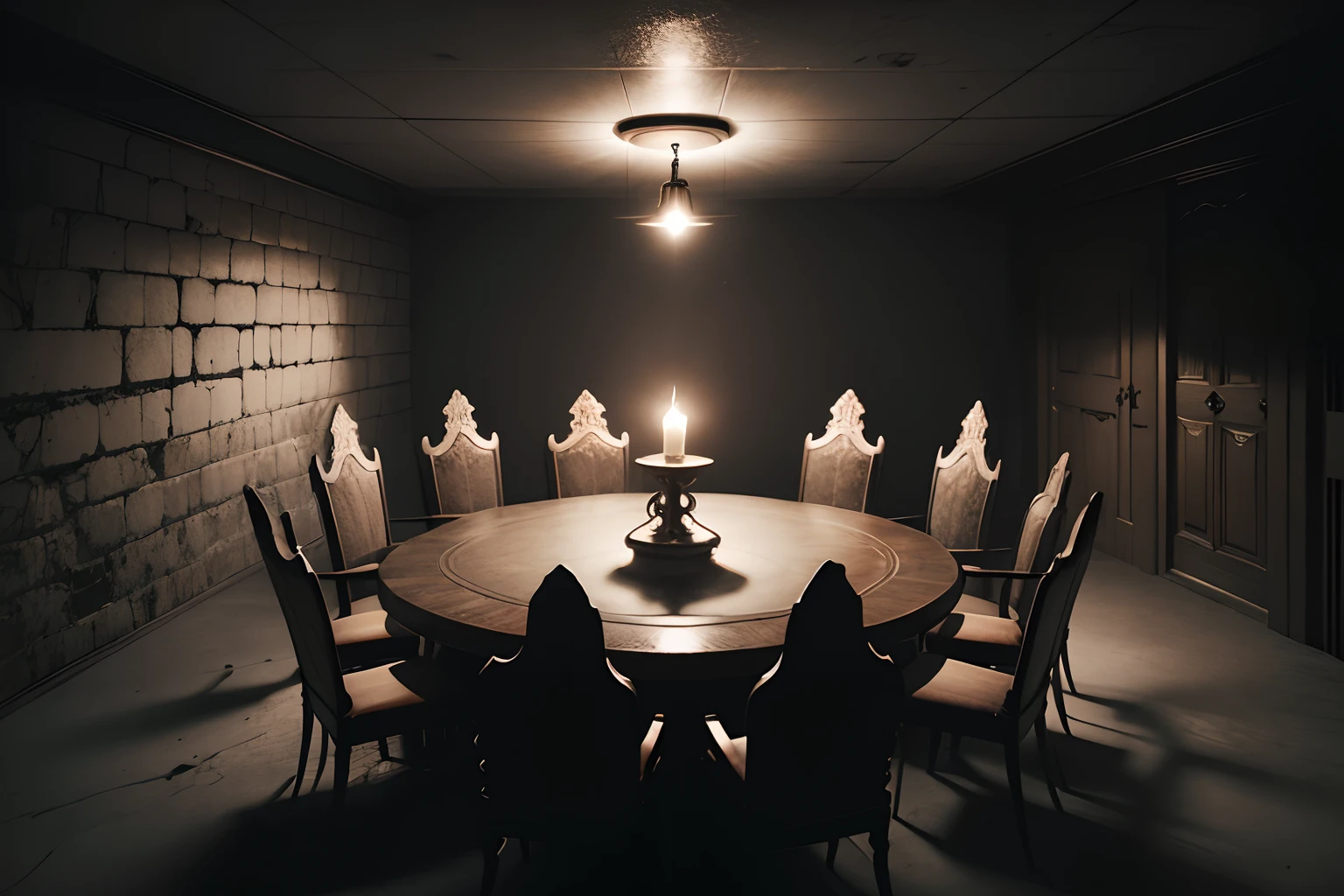 There is a round table in the darkroom,10 people sat around the table,Hang a light bulb on the roof, darkened room, foreboding room, Dark interior, dark cave room, detailed lighting and textures, dark scene with dim light, dark volumetric lighting, Dramatic lighting. concept-art, Very dark atmosphere, photorealistic dark concept art, gothic mansion room, interior background art, dungeon background