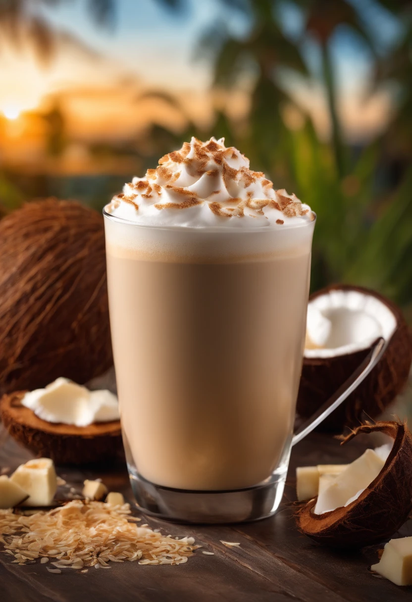 Vanilla Coconut Latte on kitchen Table image size is 1080 by 1080