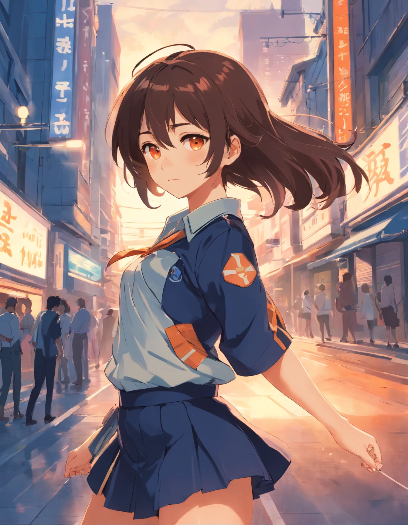 masutepiece, Best Quality, Character Design, High Girl, Light orange eyes, brunette, Long hair, Teen, Thigh Uniform, Sly milling, Black skin, spanish