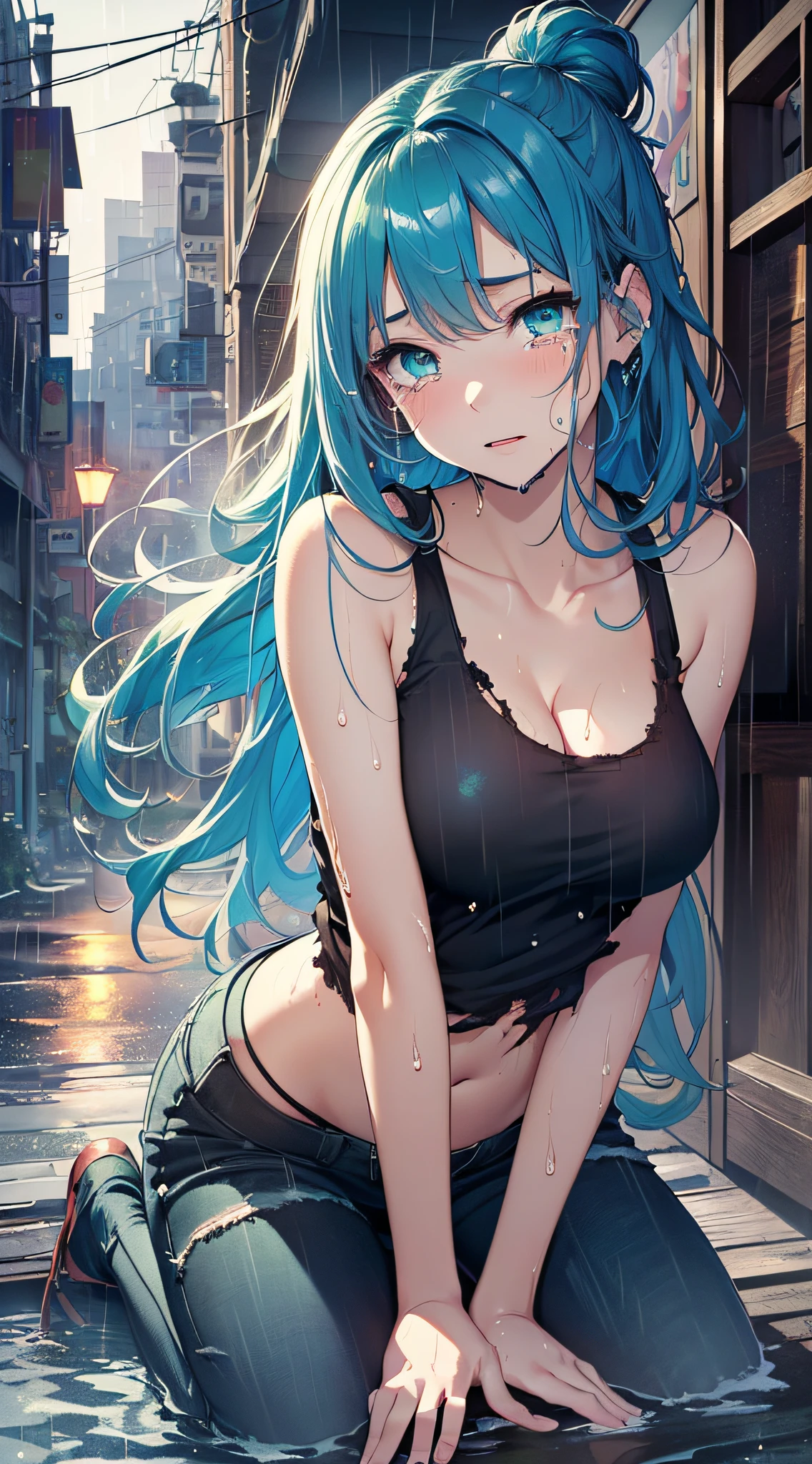 top-quality、Top image quality、masterpiece、teens girl((sixteen years old,My whole body is full of wounds、Black tattered tank top,Tattered blue long pants、Best Bust、Bust 85、Light blue shiny hair、Longhaire,Blue-green eyes、open chest wide、Valley、Happiness、A slender、the whole body is wet、Falling to the floor、Kneeling、Leaning forward、closing eye、Laughing mouth、Spread your arms))hiquality、Beautiful Art、Background with((night cityscape、Very heavy rain,Intense thunder、water world))、masutepiece、Elaborate design、visualart、Theatrical films