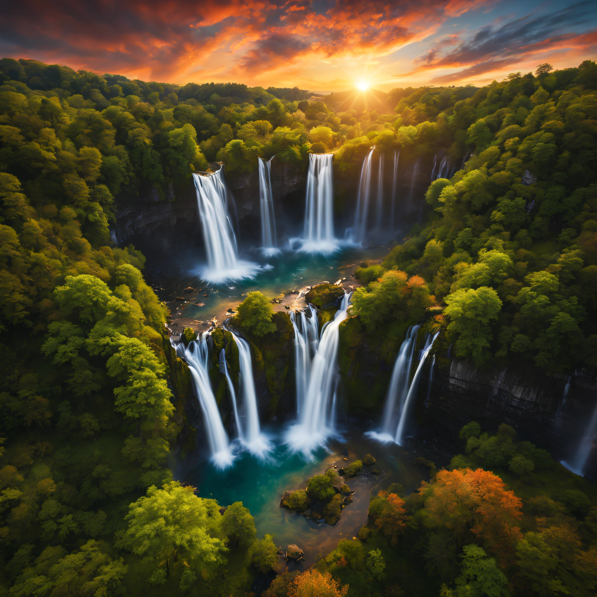 (best quality,4k, highly detailed:1.2), realistic image, landscape photography, waterfall, drone shots, RAW, vivid colors, sunsets, ultra-fine details, studio lighting