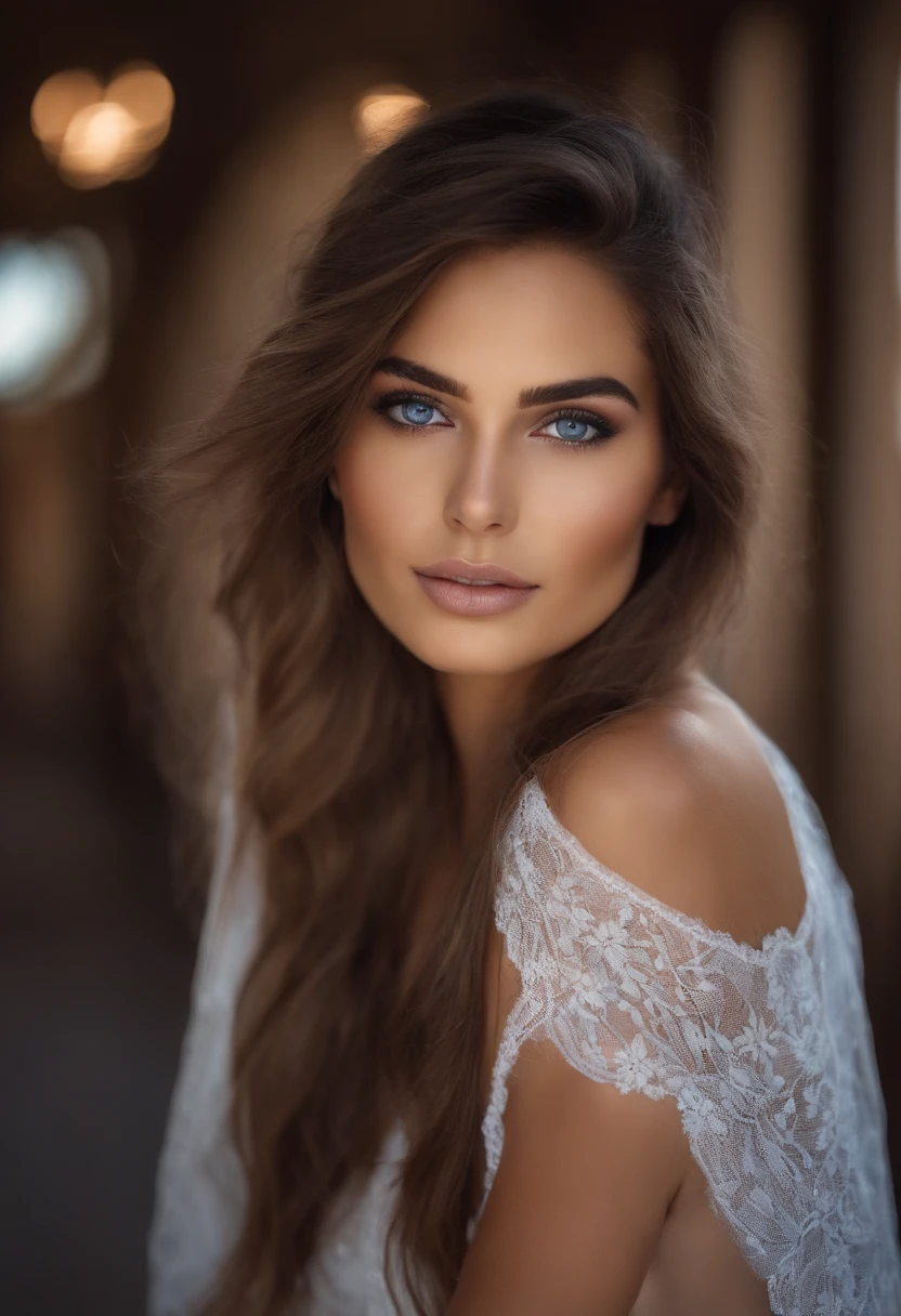 Femme arafed , fille sexey aux yeux bleu profond, Portrait, cheveux bruns et grands yeux, Selfie dune jeune femme, Yeux de chambre, Violet Myers, sans maquillage, maquillage naturel, looking straight at camera, Visage avec Artgram, Maquillage subtil, Superbe photo du corps entier, dans la rue, clivage,