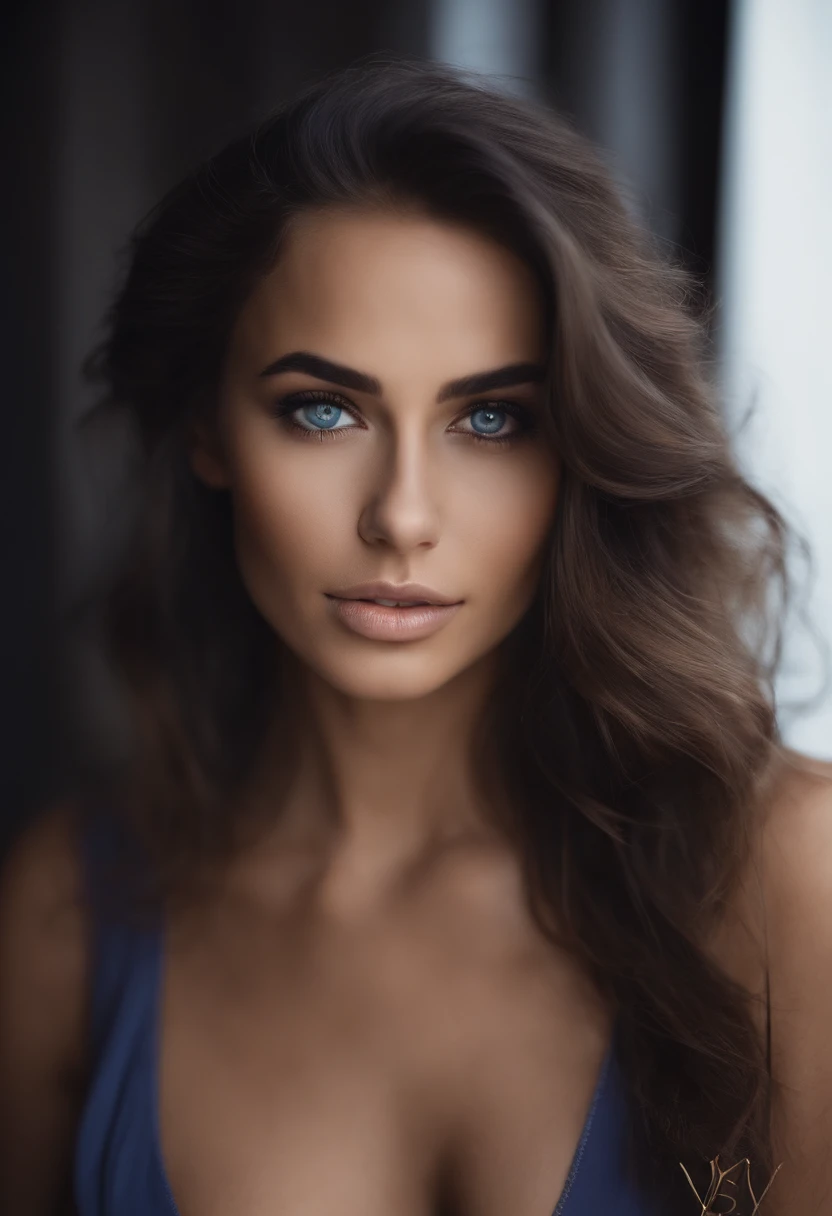 Femme arafed , fille sexey aux yeux bleu profond, Portrait, cheveux bruns et grands yeux, Selfie dune jeune femme, Yeux de chambre, Violet Myers, sans maquillage, maquillage naturel, looking straight at camera, Visage avec Artgram, Maquillage subtil, Superbe photo du corps entier, dans la rue, clivage,