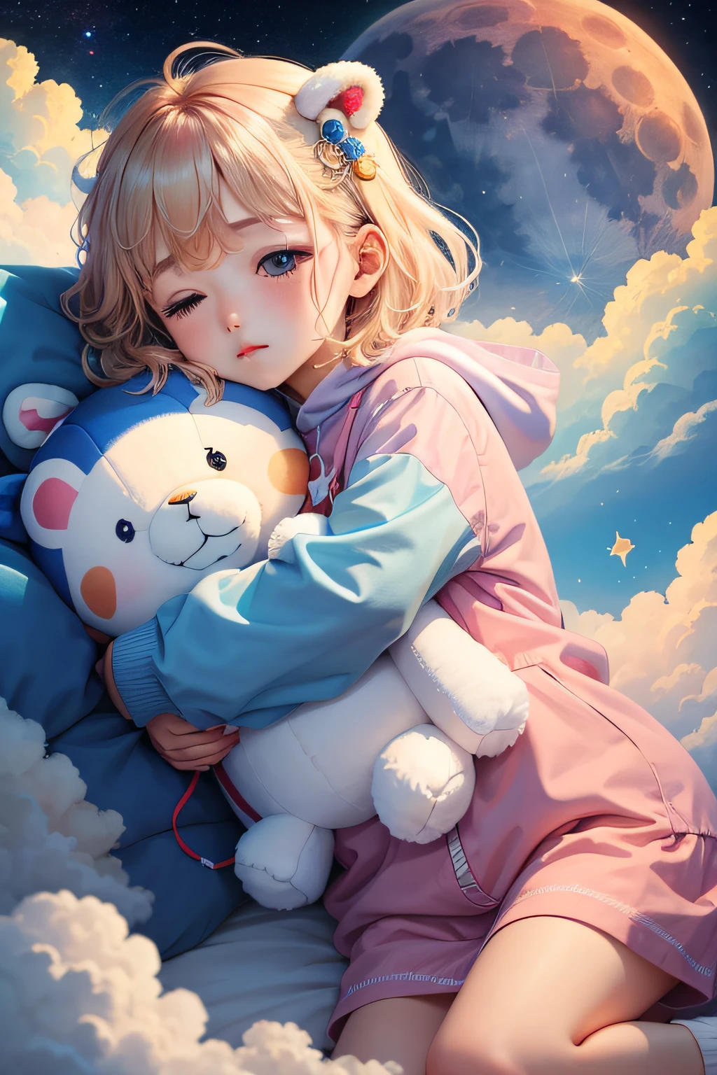 colourfull、on clouds、kosmos、Big Moon、realisitic、The boy is asleep、Only one white stuffed animal、超A high resolution