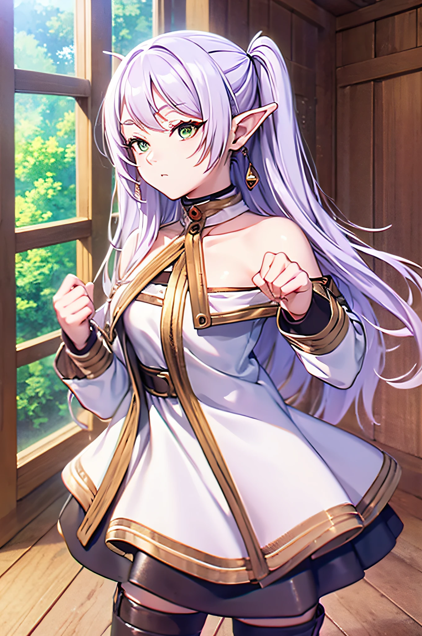 Life activities, Freelen、in woods、***1人、耳Nipple Ring、elvish、length hair、Spiky ears、独奏、Twin-tailed、verd s eyes、耳Nipple Ring、white  hair、[looking at viewert]Usually provided: white capelet、White sleeves、long-sleeve、 [long boots、brown shoes、Black pantyhose]robe blanche: bare shoulders​、鎖骨、doress、robe blanche、sleeveless dresses、the pose: is standing(masutepiece:1.2), Best Quality,Best Beautiful Girl, High resolution, Unity 8k壁纸, (Illustration:0.8), Perfect Lighting, extremely details CG, (Perfect hands, Perfect Anatomy),((model poses)),Eyes open,(masutepiece:1.2), High resolution, Unity 8k壁纸, (Illustration:0.8), extra detailed face, Perfect Lighting, extremely details CG, (Perfect hands, Perfect Anatomy),masutepiece, Best Quality,Cowboy Shot,Dynamic poses,