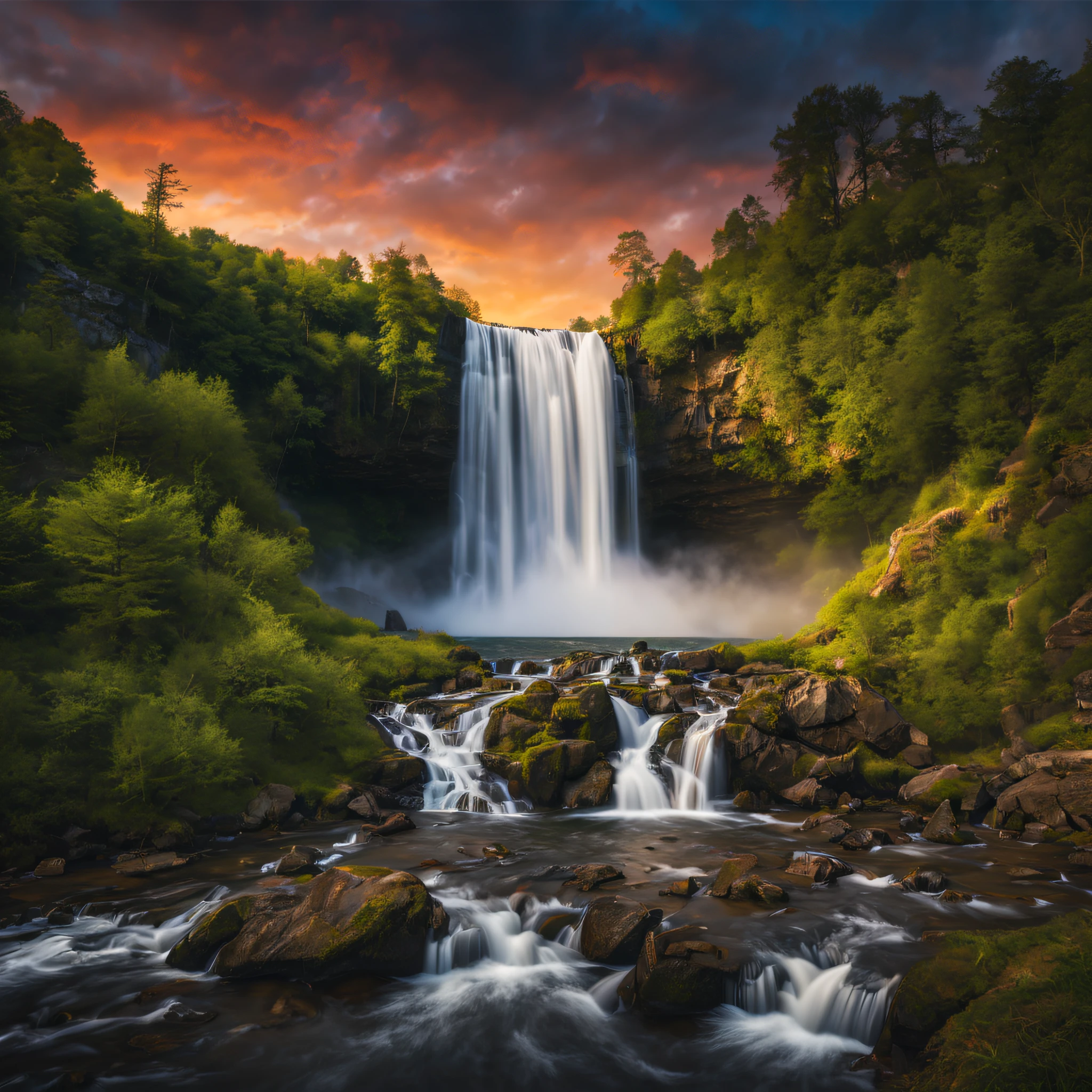 (best quality,4k, highly detailed:1.2), realistic image, landscape photography, waterfall, drone shots, RAW, vivid colors, sunsets, ultra-fine details, studio lighting