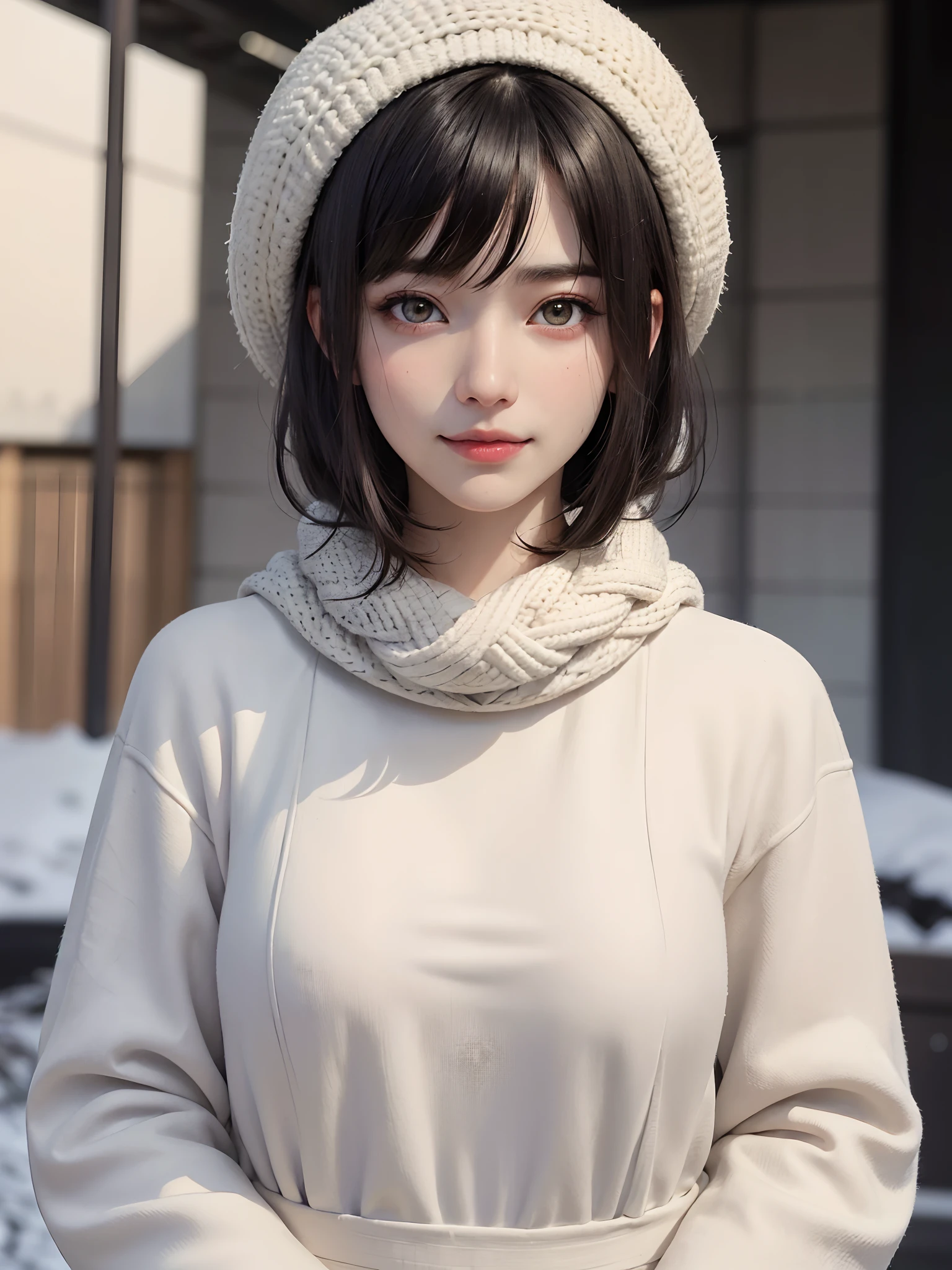 (masterpiece, best quality),1 girl, solo, black hair, scarf, hat, real, real, look at viewer, light colored black eyes, short hair, brown coat, winter clothes, white scarf, lips, bangs, outdoors, closed mouth, upper body, big eyes, eyelashes, (((really nothing background, really pure white background)), (short hair with bangs, big eyes, big breasts, staring at the viewer, beautiful beauty, Ears out, long neck, smile a little, close your mouth and smile))),