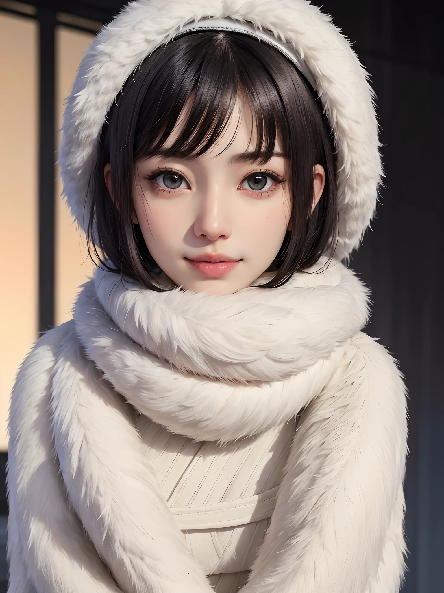 (masutepiece, top-quality),1girl in, 独奏, Black lustrous hair, scarf, Hats, realisitic, looking at the viewers, black eyes of light color, shorth hair, coat, Winter clothes, White headscarf, s lips, lipgloss，bangss,, a closed mouth, The upper part of the body、big eye、Lashes、((Street))、((Shorthair with bangs、big eye、Put very strong highlights in your students、very Bigger breasts、gazing at viewer、Very beautiful beauty、Put out all your ears、long neck、little smiling、Close your mouth and smile、Look firmly at the camera)))、