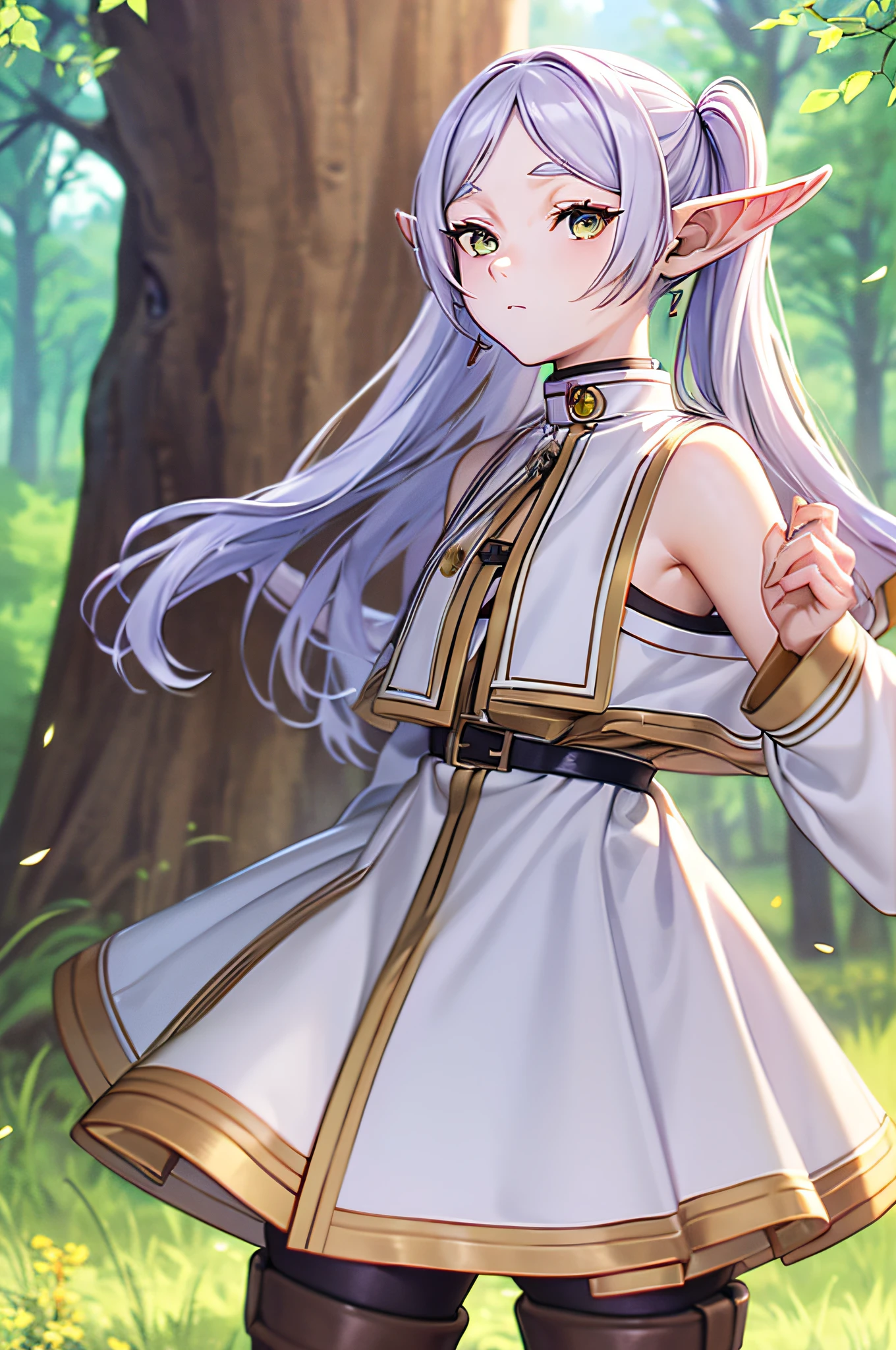 Life activities, Freelen、in woods、***1人、耳Nipple Ring、elvish、length hair、Spiky ears、独奏、Twin-tailed、verd s eyes、耳Nipple Ring、white  hair、[looking at viewert]Usually provided: white capelet、White sleeves、long-sleeve、 [long boots、brown shoes、Black pantyhose]robe blanche: bare shoulders​、鎖骨、doress、robe blanche、sleeveless dresses、the pose: is standing(masutepiece:1.2), Best Quality,Best Beautiful Girl, High resolution, Unity 8k壁纸, (Illustration:0.8), Perfect Lighting, extremely details CG, (Perfect hands, Perfect Anatomy),((model poses)),Eyes open,(masutepiece:1.2), High resolution, Unity 8k壁纸, (Illustration:0.8), extra detailed face, Perfect Lighting, extremely details CG, (Perfect hands, Perfect Anatomy),masutepiece, Best Quality,Cowboy Shot,