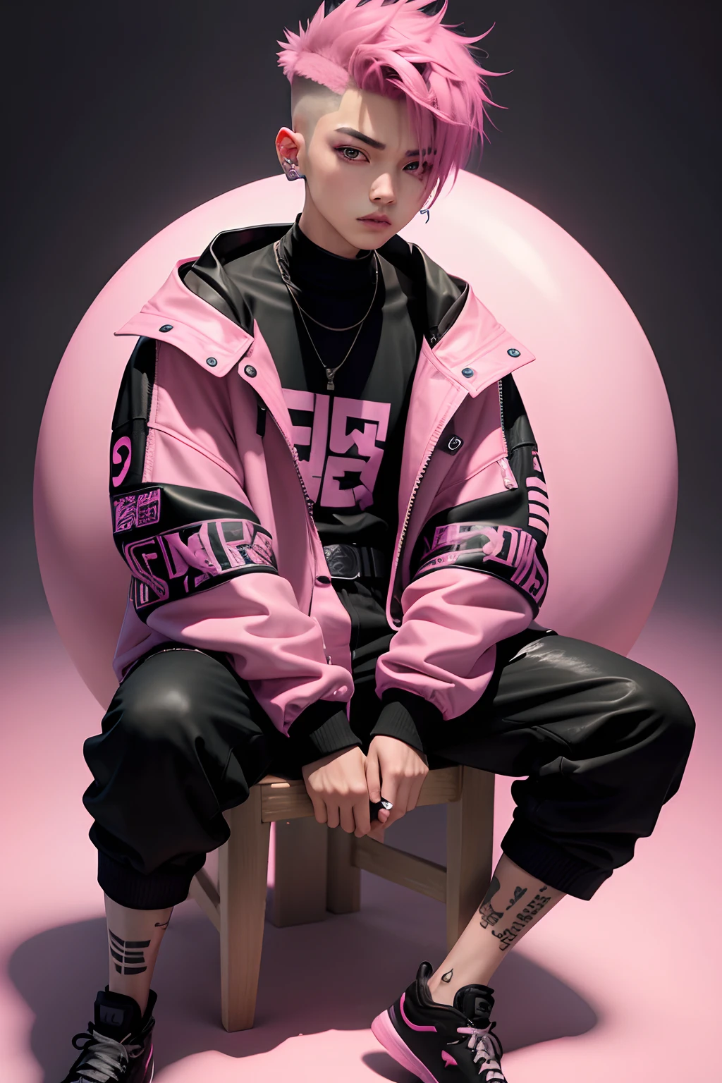 Kpop teen age boy with fade cut pink hair, cute face, irresistible,sit pose, poser, serious face, full half body show, tattoos, wears cool black mixed pink open jacket with long big sized shirt, long black pants with belt, paint background