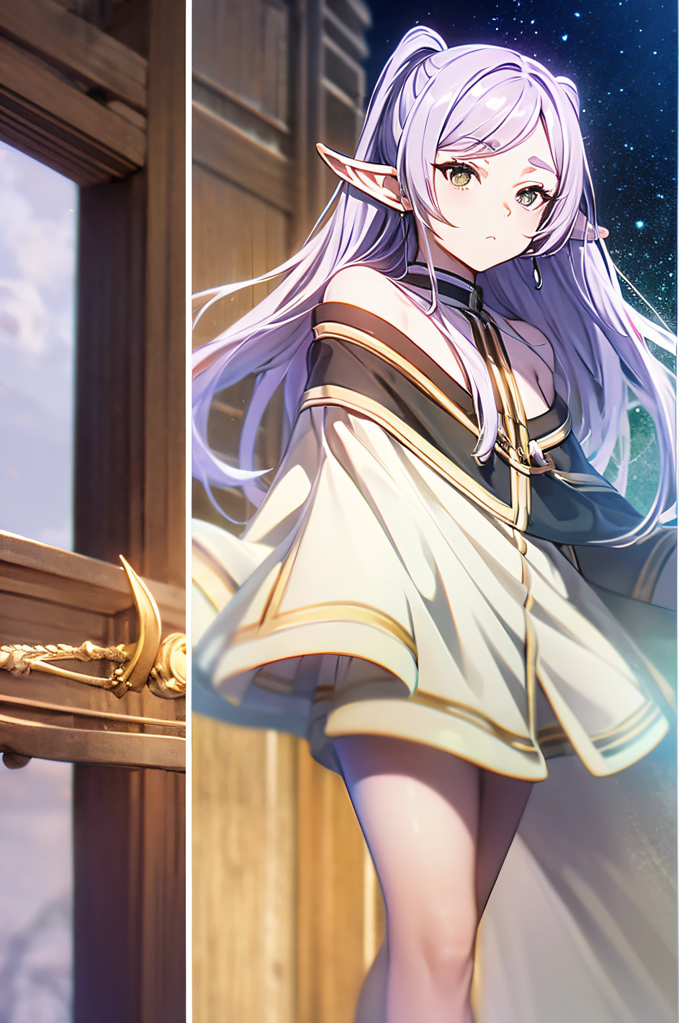 Life activities, Freelen、in woods、女の子1人、耳Nipple Ring、elvish、length hair、Spiky ears、独奏、Twin-tailed、verd s eyes、耳Nipple Ring、white  hair、[looking at viewert]Usually provided: white capelet、White sleeves、long-sleeve、 [long boots、brown shoes、Black pantyhose]robe blanche: bare shoulders​、鎖骨、doress、robe blanche、sleeveless dresses、the pose: is standing(masutepiece:1.2), Best Quality,Best Beautiful Girl, High resolution, Unity 8k壁纸, (Illustration:0.8), Perfect Lighting, extremely details CG, (Perfect hands, Perfect Anatomy),((model poses)),Eyes open,(masutepiece:1.2), High resolution, Unity 8k壁纸, (Illustration:0.8), extra detailed face, Perfect Lighting, extremely details CG, (Perfect hands, Perfect Anatomy),masutepiece, Best Quality,Cowboy Shot,