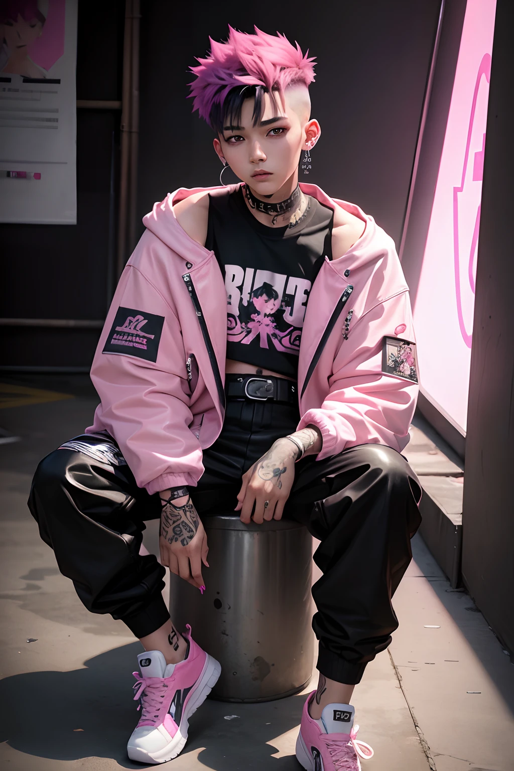 Kpop teen age boy with fade cut pink hair, cute face, irresistible,sit pose, poser, serious face, full half body show, tattoos, wears cool black mixed pink open jacket with long big sized shirt, long black pants with belt, paint background
