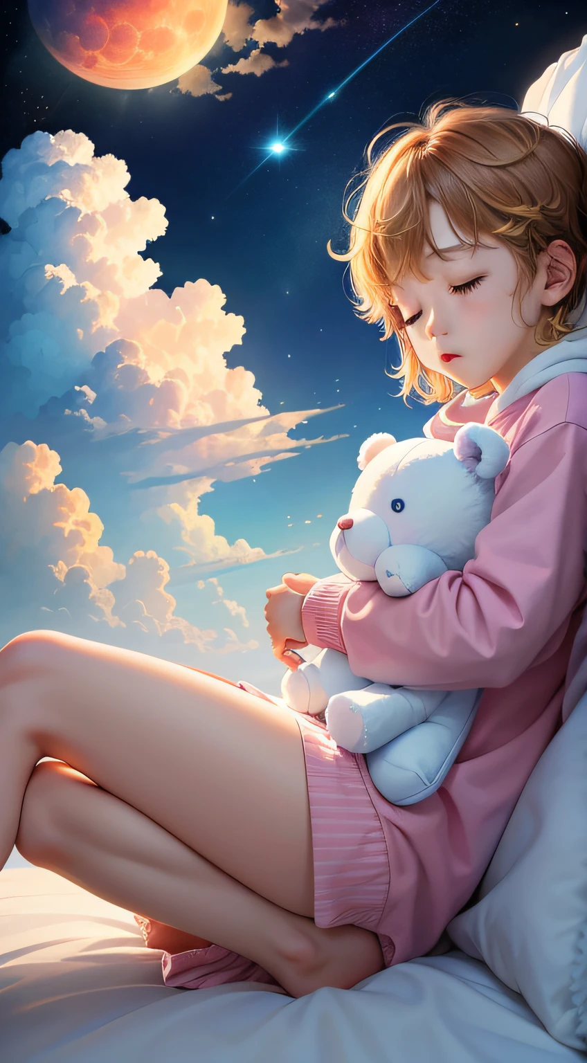 colourfull、on clouds、kosmos、Big Moon、realisitic、The boy is asleep、Only one white stuffed animal、超A high resolution