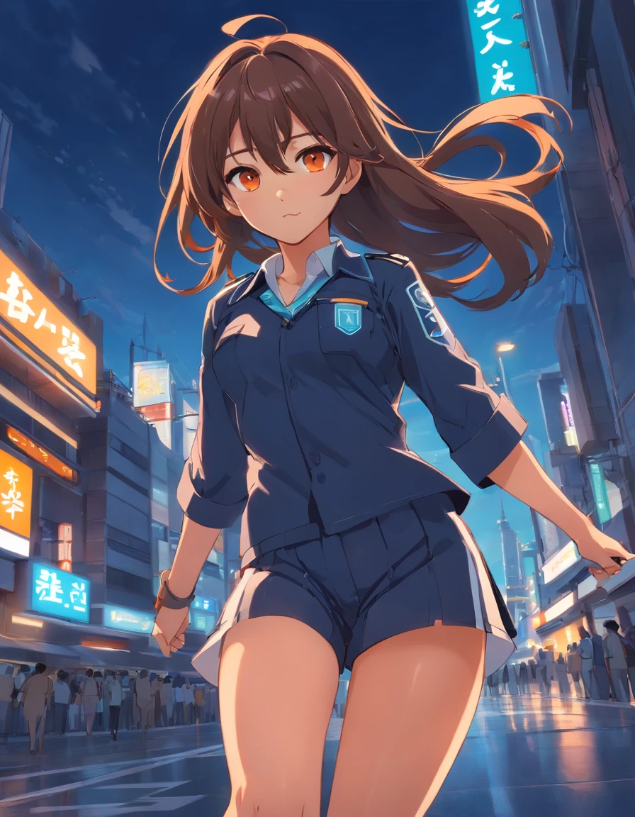 masutepiece, Best Quality, Character Design, High Girl, Light orange eyes, brunette, Long hair, Teen, Thigh Uniform, Sly milling, Black skin, spanish