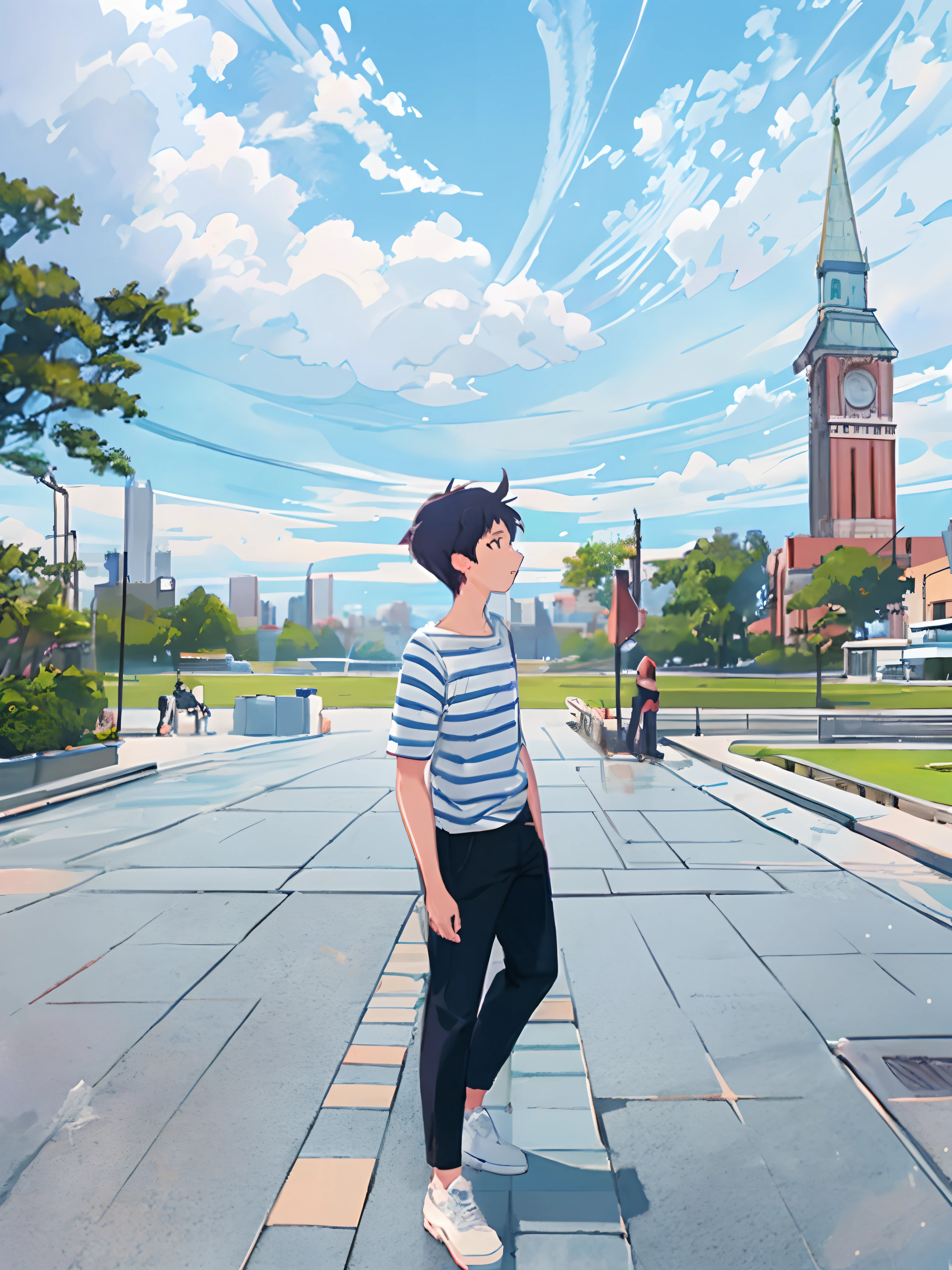 anime - style painting of a man standing in a city square, in style of makoto shinkai, makoto shinkai cyril rolando, makoto shinkai style, makoto shinkai art style, makoto shinkai!, makoto shinkai. —h 2160, style of makoto shinkai, makoto shinkai. digital render