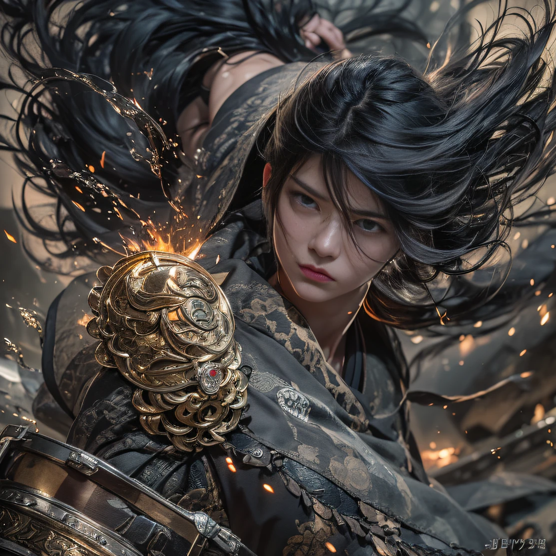 (Explosive ruins)eyes filled with angry,He clenched his fists,Rush up,Deliver a fatal blow to your opponent,full bodyesbian,Full Body Male Mage 32K(tmasterpiece,k hd,hyper HD,32K)Long flowing black hair,Campsite size,zydink, a color, patriot (废墟), (Linen batik scarf), Angry fighting stance, looking at the ground, Batik linen bandana, Chinese python pattern long-sleeved garment, (Abstract propylene splash:1.2), Dark clouds lightning background,Flour flies(realisticlying:1.4),Black color hair,Flour fluttering,Background fog, A high resolution, the detail, RAW photogr, Sharp Re, Nikon D850 Film Stock Photo by Jefferies Lee 4 Kodak Portra 400 Camera F1.6 shots, Rich colors, ultra-realistic vivid textures, Dramatic lighting, Unreal Engine Art Station Trend, cinestir 800,Flowing black hair,(((Male mage))),The male mage was furious,
