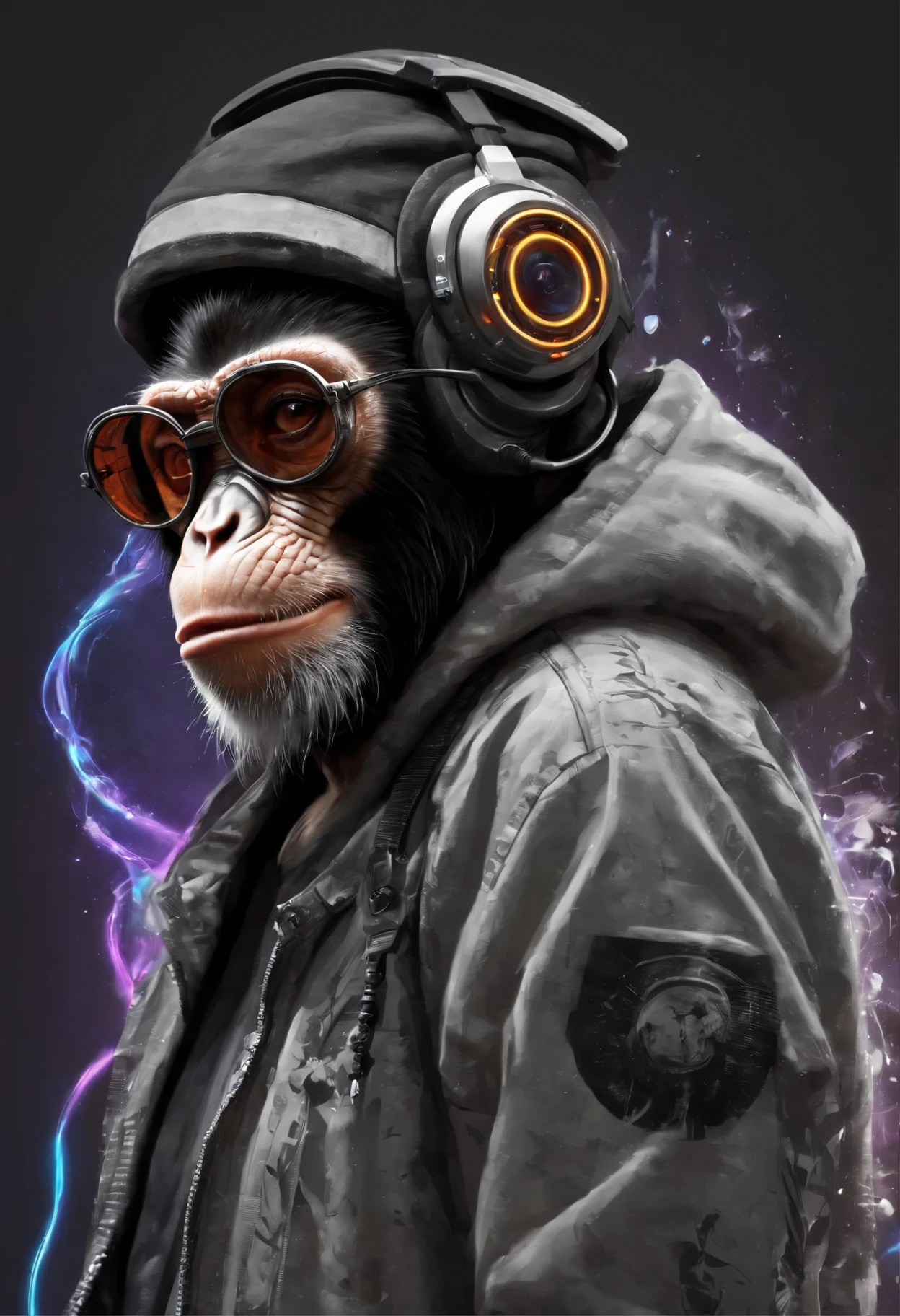 Una figura de mono futurista, con luces en los ojos, Surrounded by vector t-shirt design with numbers"3 6 9",un cigarrillo en la mano Listo para vibraprint, Illustration of the cyberpunk monkey, perfil, sticker, Fondo blanco limpio, vector profesional, High detail, T-shirt design, Graffiti, Paisaje urbano vibrante y futurista.Una figura de mono futurista, con luces en los ojos, surrounded by Vibraprint Ready vector t-shirt design, Illustration of the cyberpunk monkey, perfil, sticker, Fondo blanco limpio, vector profesional, High detail, T-shirt design, Graffiti, Paisaje urbano vibrante y futurista, 8K, UHD, high quality, intricately detailed, highly detailed