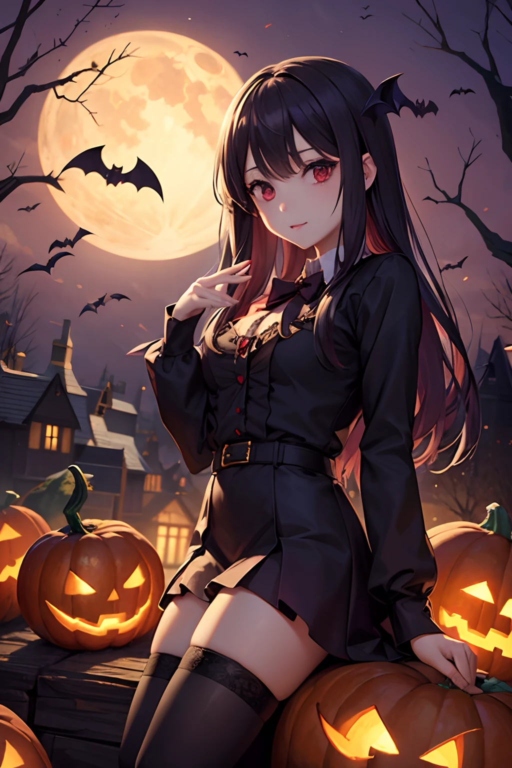 Halloween、Beautiful vampire girl and zombie girl２a person、High school students、Pumpkin Ghost、Vampire House、the bats、２a person、gazing at viewer