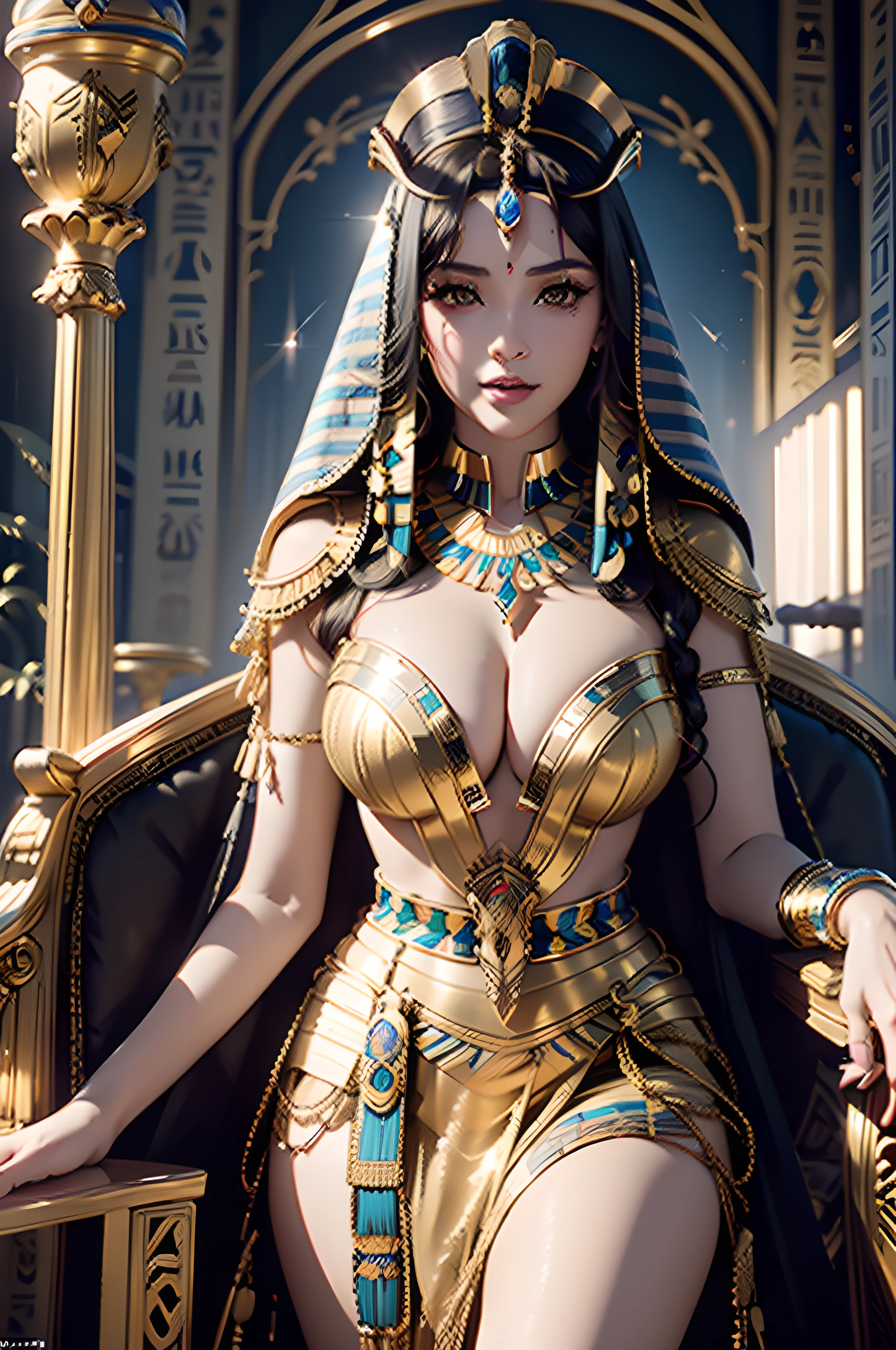 a closeup of a, Arafed woman with black hair and gold jewelry lying on the couch, beautiful Cleopatra, portrait of cleopatra, Egyptian Princess, 8k high quality detailed art, artwork in the style of guweiz, Cleopatra, ((a beautiful fantasy empress)), gorgeous digital painting, [ trending on CGsociety ]!!, beautiful goddess, stunning digital illustration, Trending in CGsociety