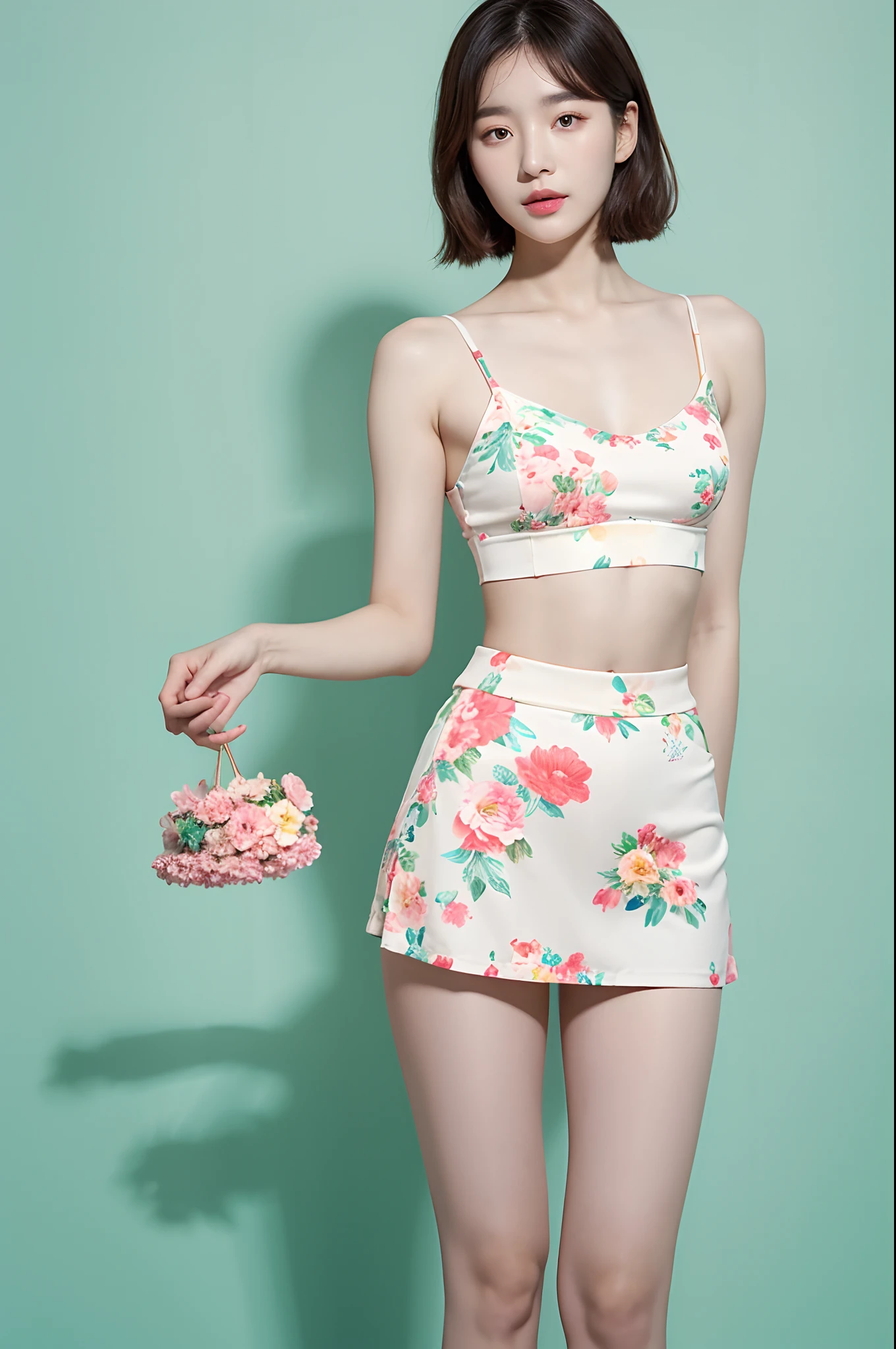 a woman in a floral crop top and mint skirt posing for a picture, croptop, crop top, bralette, wearing white camisole, bae suzy, wearing a camisole, physical : tinyest midriff ever, gorgeous young korean woman, heonhwa choe, cutecore, lulu chen, reluvy5213