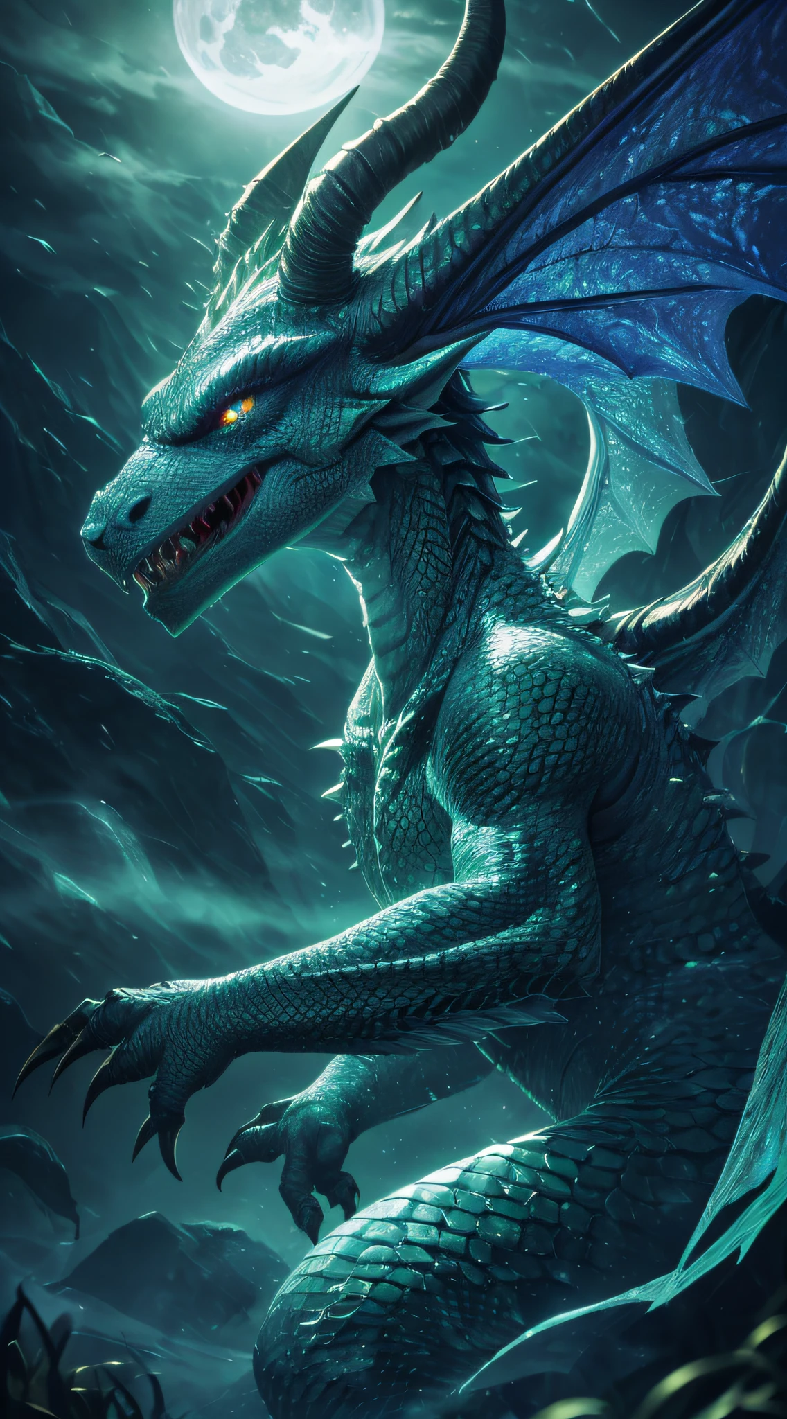 (best quality,4k,8k,highres,masterpiece:1.2),ultra-detailed,(realistic,photorealistic,photo-realistic:1.37),dragon's eye close-up,magical glow,iridescent scales,piercing glare,ancient and mystical,fiery and vibrant colors,sharp reflections,detailed veins,ferocious intensity,subtle shadows,mystical aura,noble and powerful presence,pulsating energy,otherworldly beauty,ethereal charm,translucent eyelids,mesmerizing gaze,divine radiance,mythical creature,irresistible allure,ambient lighting,smoke and mist,twisted horns,sharp fangs,serene confidence,unbreakable spirit,emerald green iris,scale textures,reptilian features,illuminated by moonlight,soaring through the night sky,ominous and enchanting.