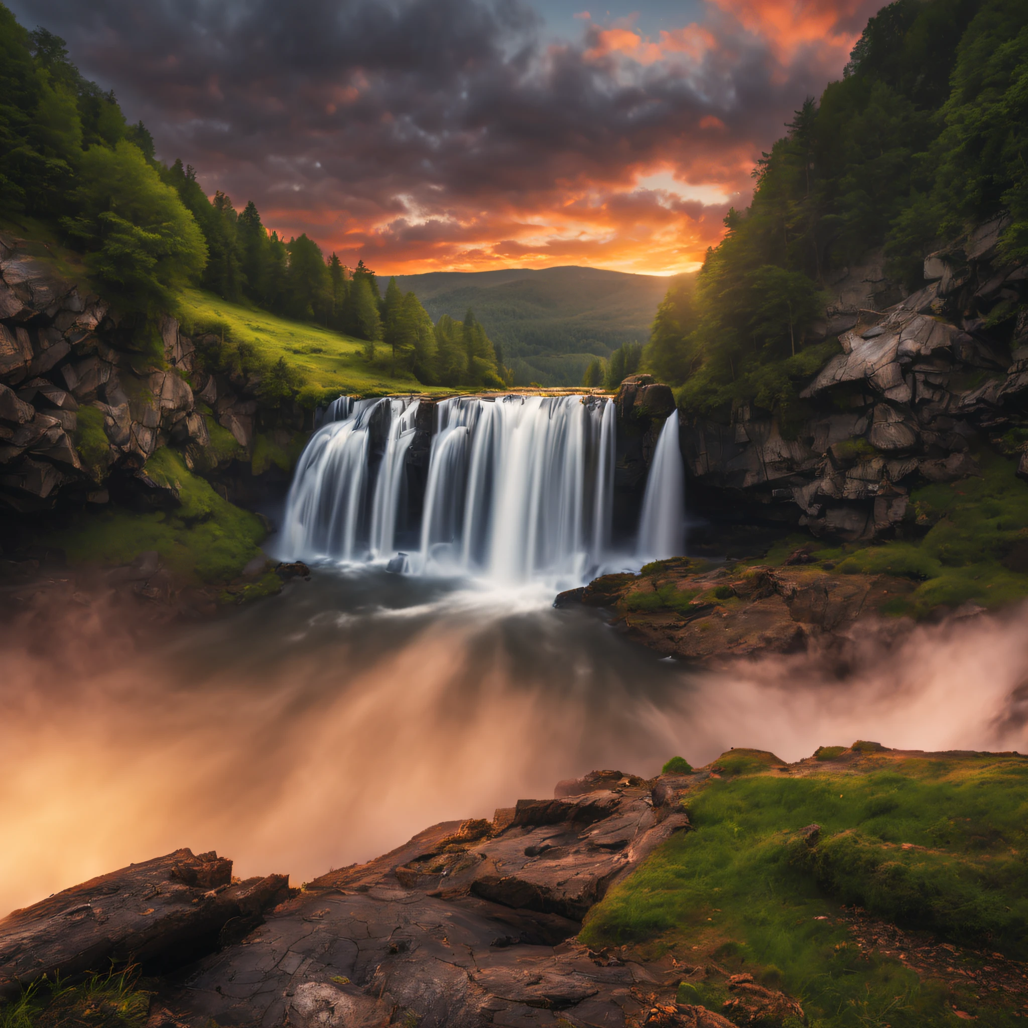 (best quality,4k, highly detailed:1.2), realistic image, landscape photography, waterfall, drone shots, RAW, log file, colors, sunsets, ultra-fine details, studio lighting