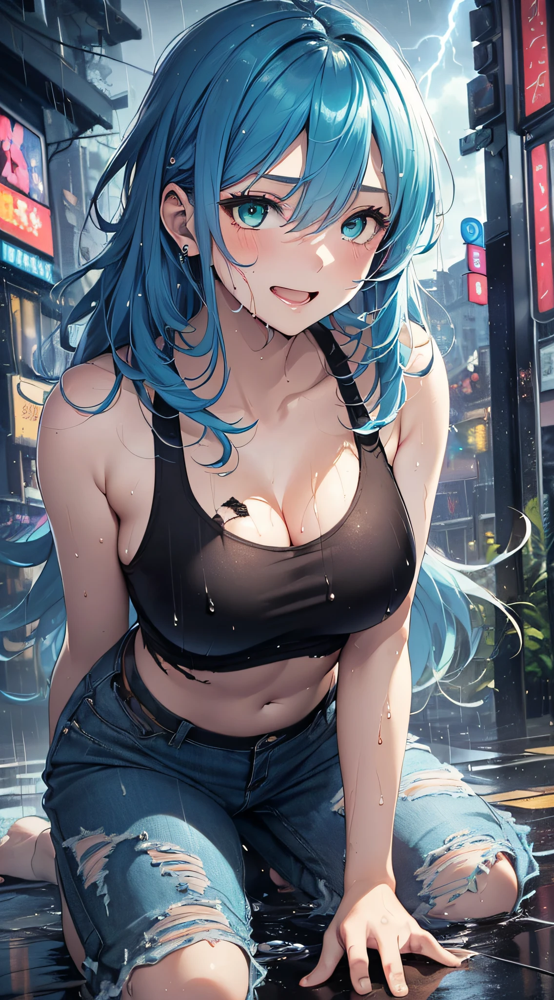 top-quality、Top image quality、masterpiece、teens girl((sixteen years old,My whole body is full of wounds、Black tattered tank top,Tattered blue long pants、Best Bust、Bust 85、Light blue shiny hair、Longhaire,Blue-green eyes、open chest wide、Valley、Happiness、A slender、the whole body is wet、Falling to the floor、Kneeling、Leaning forward、laugh))hiquality、Beautiful Art、Background with((Magical Night City、Very heavy rain,Intense thunder、Windstorm))、masutepiece、Elaborate design、visualart、Theatrical films