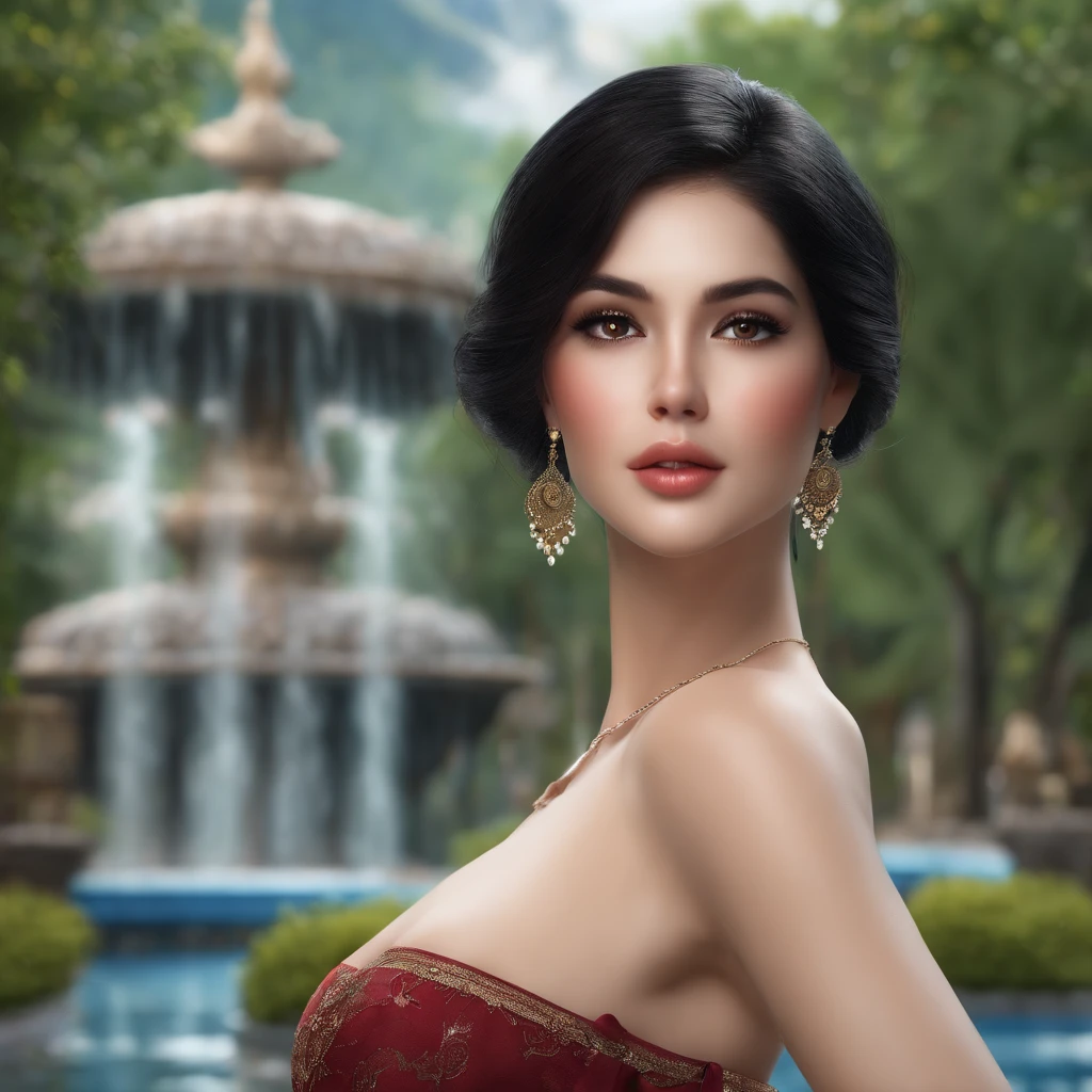 ((of the highest quality, 8K, masutepiece: 1.3)), Beauty, hide face, One Woman、realisitic、 Beautiful: 1.3, Slender Pregnant: 1.1, Camisole, cleavage, Short black hair , (Standing in front of a fountain), hyperdetailed face, very detailed lips, Detailed eyes, Double eyelids、