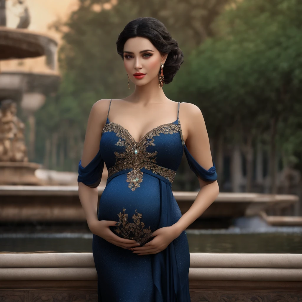 ((of the highest quality, 8K, masutepiece: 1.3)), Beauty, hide face, One Woman、realisitic、 Beautiful: 1.3, Slender Pregnant: 1.1, Camisole, cleavage, Short black hair , (Standing in front of a fountain), hyperdetailed face, very detailed lips, Detailed eyes, Double eyelids、