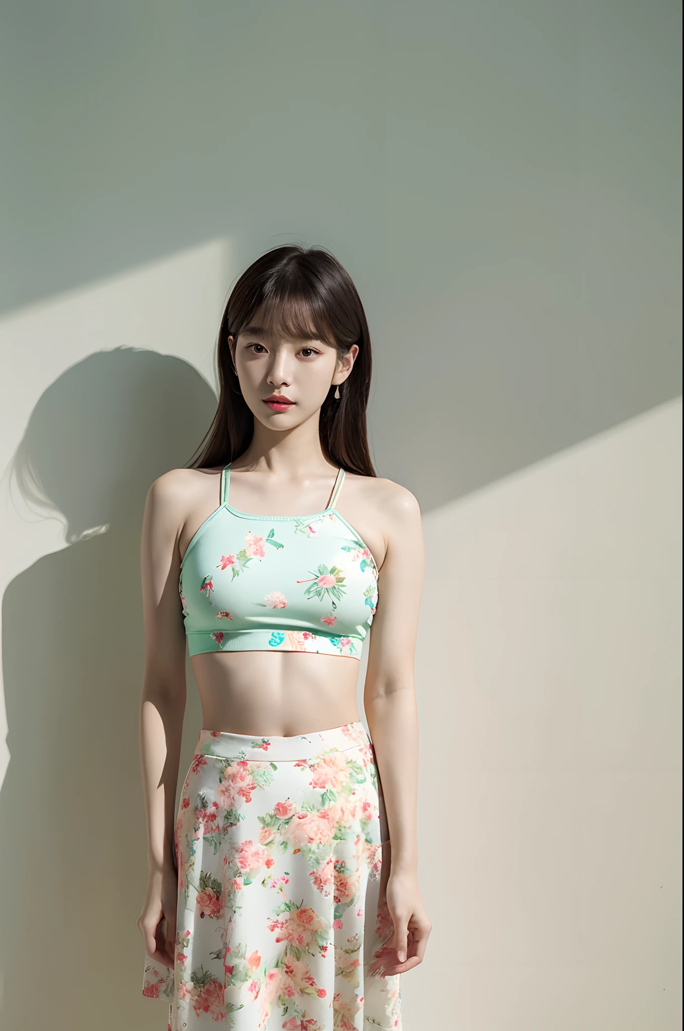 a woman in a floral crop top and mint skirt posing for a picture, croptop, crop top, bralette, wearing white camisole, bae suzy, wearing a camisole, physical : tinyest midriff ever, gorgeous young korean woman, heonhwa choe, cutecore, lulu chen, reluvy5213