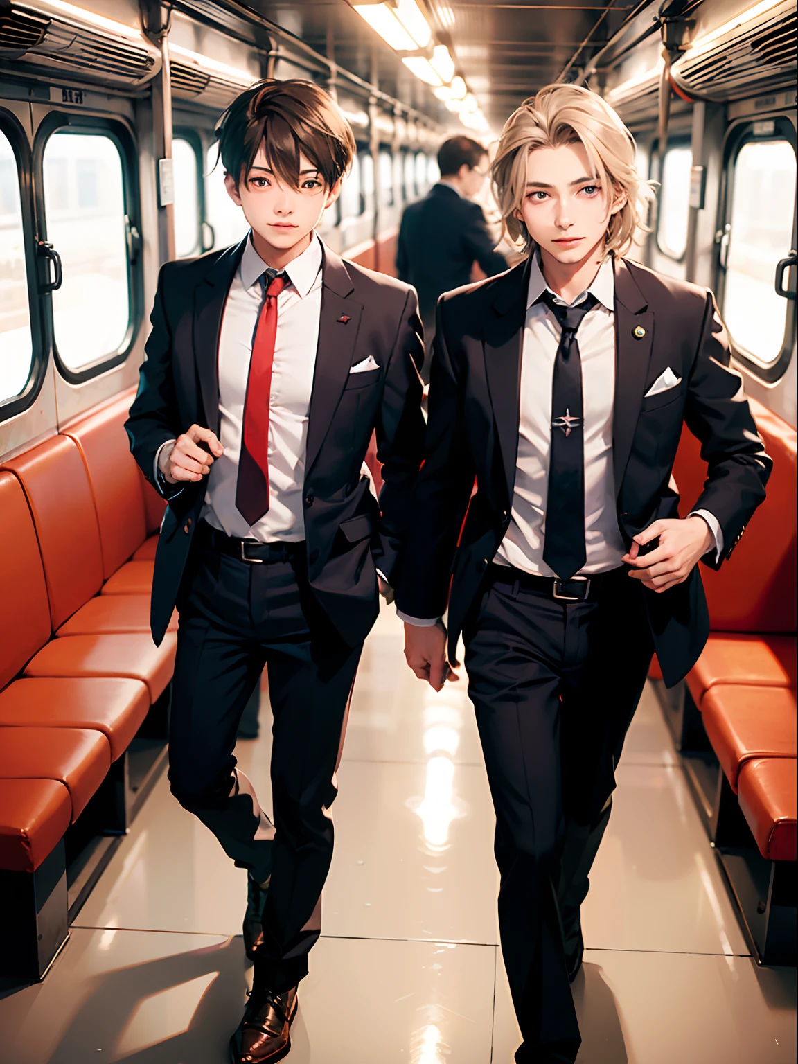 2boys,11 only、(Man's :2),(bobhair:1.5)、silber hair、light brown hair、chum、Brightly colored ties、Riding a train、Twilight,Natural lighting、hightquality、masutepiece,8K,hight resolution、