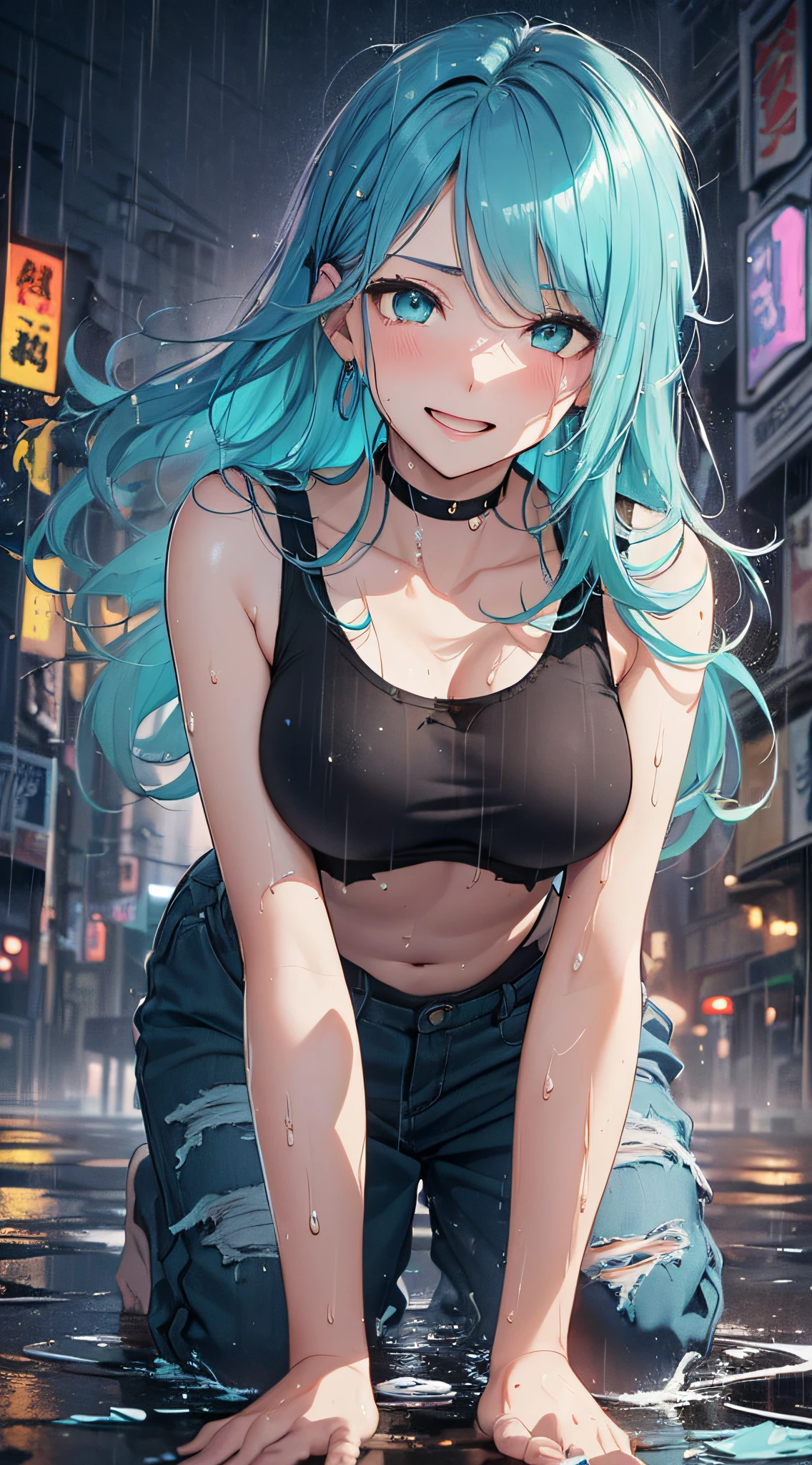 rave girl,(((1girl))),((girl with extremely cute and beautiful hair)),((Asian features)), (big breasts: 1.8 (((neon hair: 1.55, wild hair, long hair: 1.8, colored inner hair, breathing in the ears))), (((neon_eyes: 1, 4))), intricate eyes, beautiful detailed eyes, symmetrical eyes, slanted eyes: 15,((((skin shiny: 1.8, shiny skin: 1.8, shiny skin, very shiny skin, shiny body, plastic shiny skin, exaggerated shiny skin, shiny skin, wet legs))),(spider lower abdomen, narrow waist, five fingers, perfect hands,
athletic body, detailed body, (perfect ass), (((detailed face))), cute, slutty, seductive, erotic, (((nsfw))), zettai ryouiki, revealing clothes, skin show, ((transparent shirt), ((wet clothes, complex clothes, complex clothes)),(((underboob))),(porn star, sexy pose), cyberpunk city at seaside at night with glowing signs, neon lights and dark storm clouds and puddles, scenery: 1.25, night, starry night, cosmos, very dark night that highlights neon lights, very bright neon lights, artistic photography , (photo taken by sldr), high resolution, sharp focus, (ultra detailed, extremely detailed), art (photorealistic): 1.37), (extremely detailed Unit CG 8k wallpaper), ((synthwave background theme) ), (((vibrant colors))), intricate, (intricate background), (masterpiece), (best quality), perfect rendered face, perfect face details, realistic face, realistic photo, analog style, ((details intricate)), (((realism)) ),