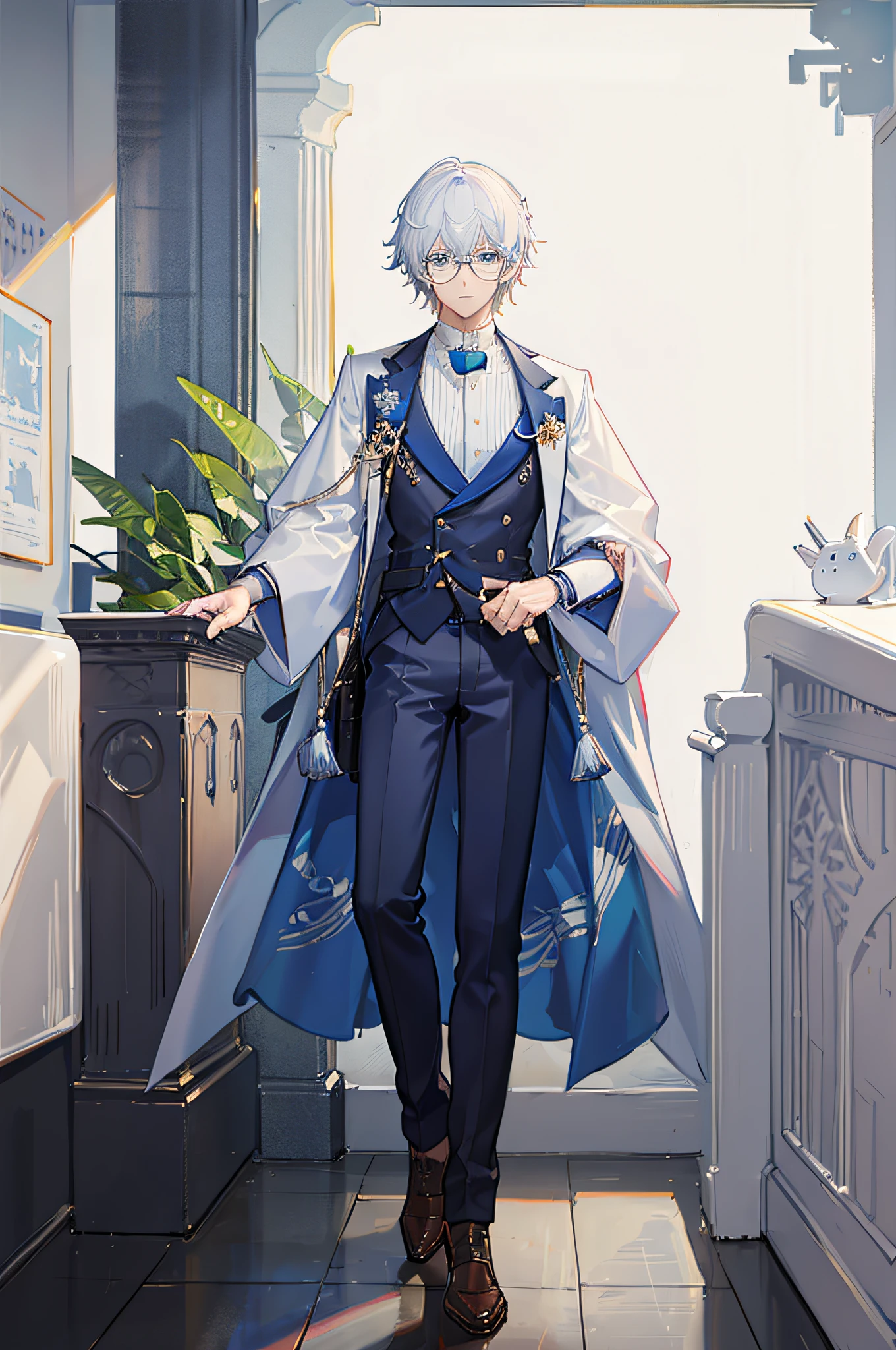 16k,male people,Blue-white hair,White suit。Square frame glasses,Sit Pose,Sunny and cheerful。