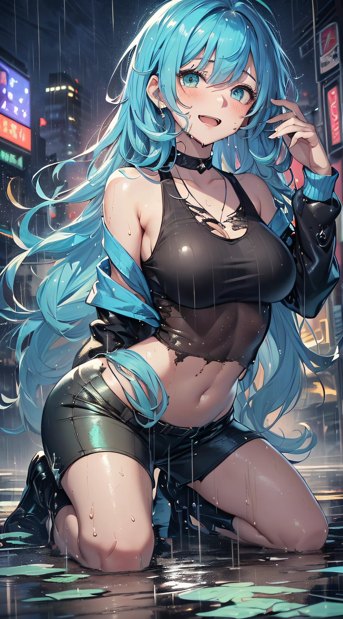 top-quality、Top image quality、​masterpiece、teens girl((,My whole body is full of wounds、Black tattered tank top,Tattered blue long pants、Best Bust、Bust 85、Light blue shiny hair、Longhaire,Blue-green eyes、open chest wide、Valley、Happiness、A slender、the whole body is wet、Falling to the floor、Kneeling、Leaning forward、laugh)）hiquality、Beautiful Art、Background with((Magical Night City、Very heavy rain,Intense thunder、Windstorm))、masutepiece、Elaborate design、visualart、Theatrical films