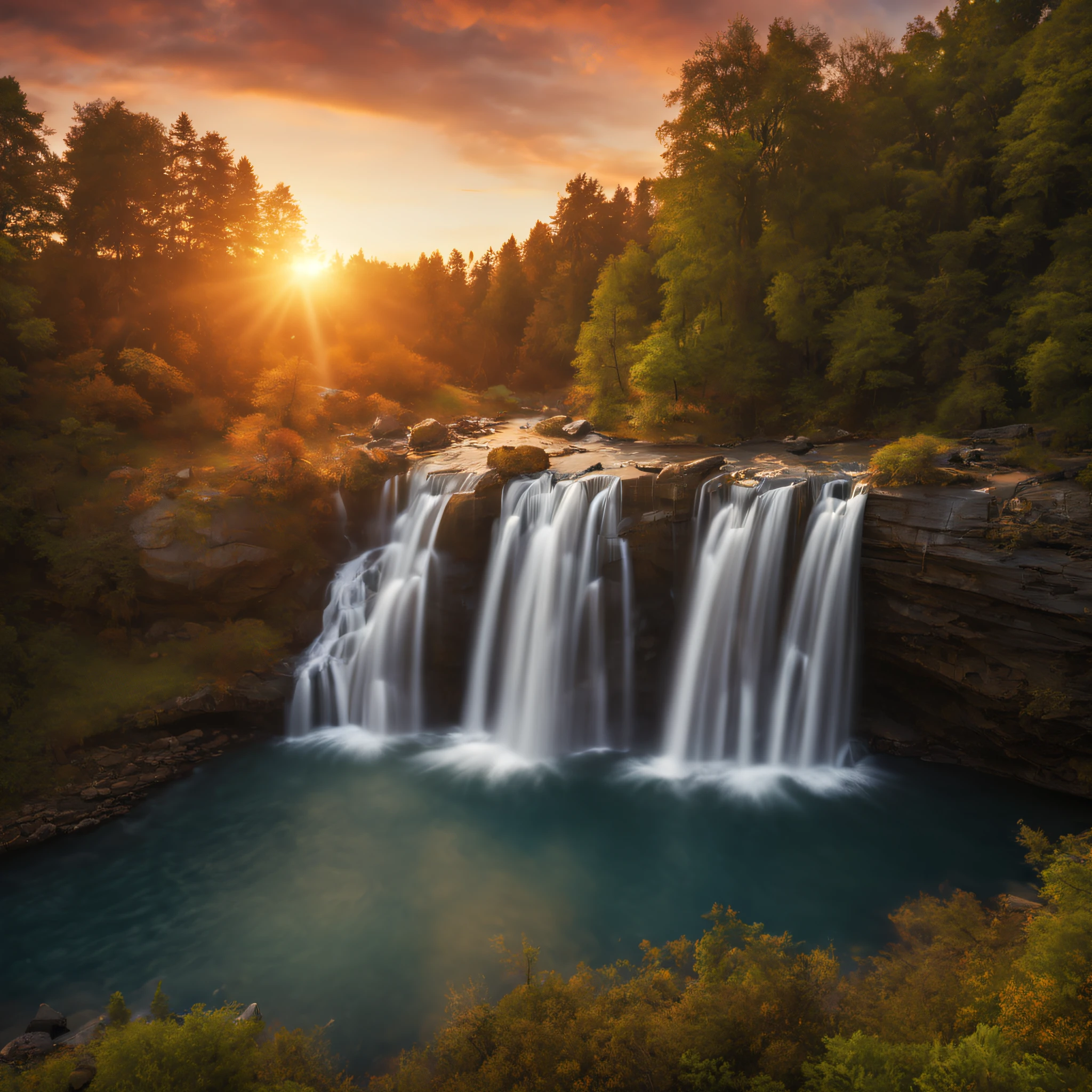 (best quality,4k, highly detailed:1.2), realistic image, landscape photography, waterfall, drone shots, RAW, log file, colors, sunsets, ultra-fine details, studio lighting