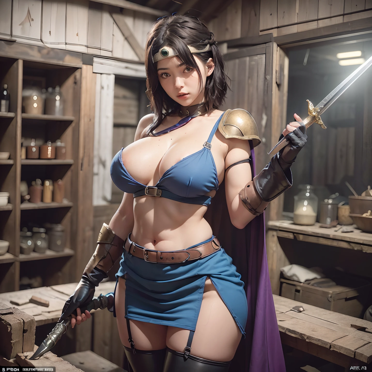 (masterpiece, Best Quality, High resolution, 32K), ROTO(DQ3), Woman, (black hair:1.15, circlet:1.1, short hair, Sheer blue dress:1.5, tube top dress:1.5, purple cape:1.25, shoulder armor:1.35, knee boots, thigh-highs, leather gloves, scabbard, sheathed weapon:1.1, weapon on back:1.1, sword on shoulder:1.1), (ultra gigantic tits:1.3, ultra gigantic tits:1.3, ultra Huge boobs:1.3, ultra huge cleavage:1.3, Nipple:1.3, fighting pose:1.55, Perfect slim body:1.3), (In an abandoned hut, Shabby hut, Messy hut, Deep forest, Dark atmosphere:1.2), Epic Realistic, Faded, ((Neutral colors)), (Muted colors:1.2), ultra-detailliert, (Art Station:1.5), (Intricate details:1.1), (Natural Skin Texture, Hyper-Realism), (Detailed face, super detailed skin),