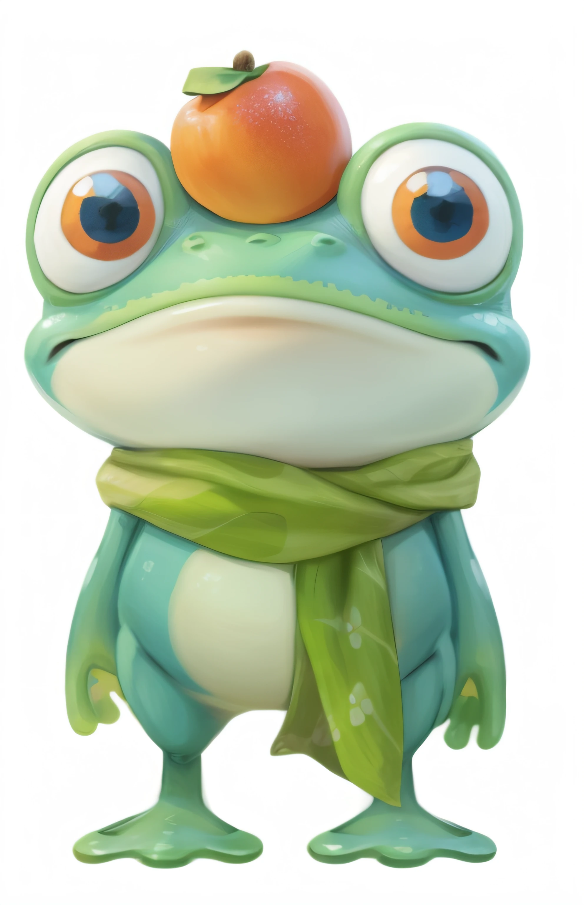 Cartoon frog，Wearing a green scarf，There is a persimmon on the head, frogs, frogs, Cute frog, clown frog king, alien frog, grogu, frog head, wee whelp, murloc tinyfin, cute character, peepo the frog!!!, Game character, lovely digital painting, Game character art, Frog - elephant creature, Game character design, merged character