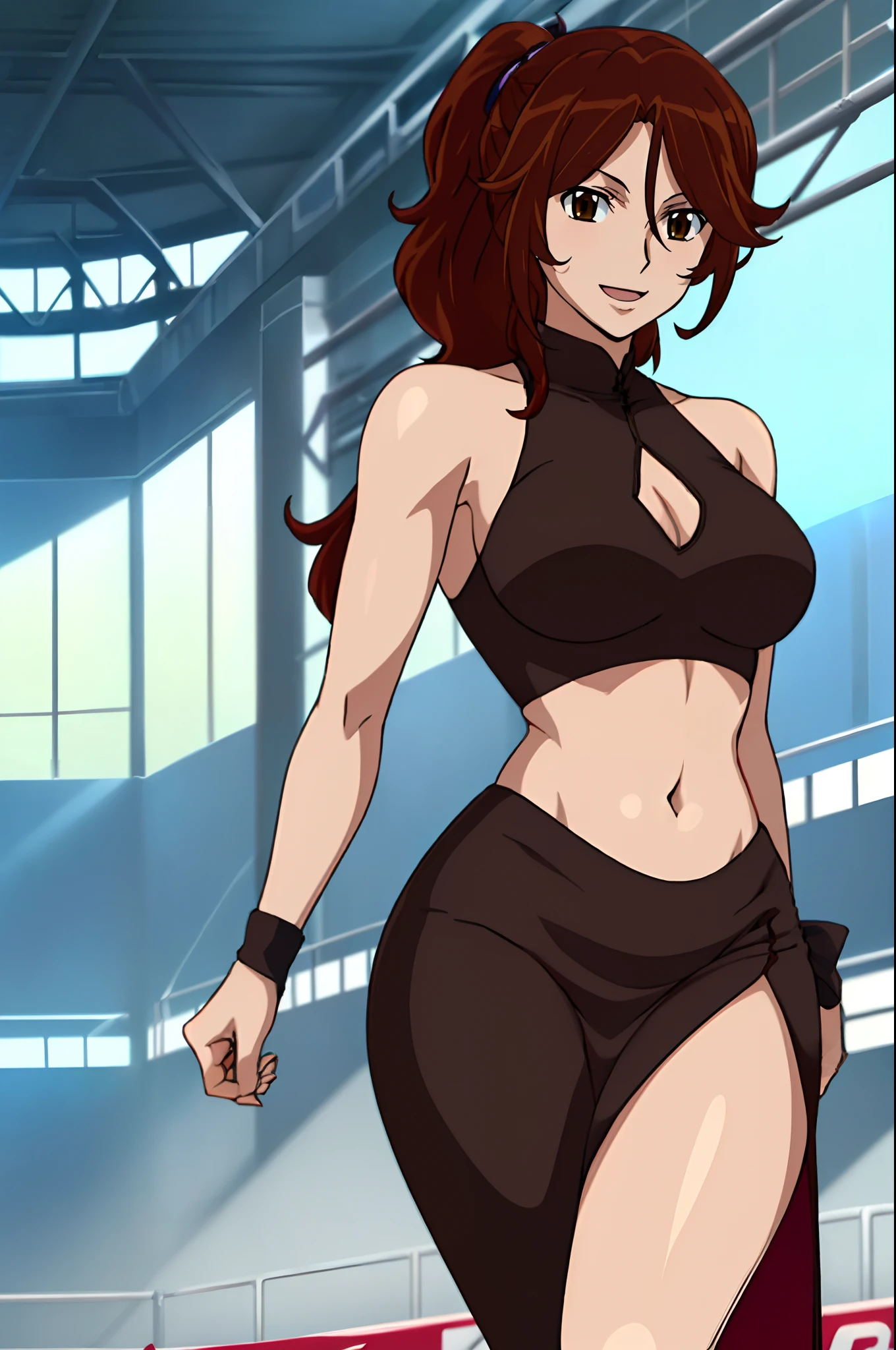 folded arms, sport effects, nice body, , anime style: 1.8, anime drawing, ultra detailed face, ultra detailed body, , 4k, Sumergai Lee Noriega, (standing), best quality, anime style, hires, highest definition, digital blending, bold drawing lines, ((slim waist, female wrestler), (location: wrestling arena, crowds watching), ( (fit girl), athletic, (thick neck), little biceps, thighs, off-shoulders, (curvy: 6.8), lighting, spot lights, very shiny skin), ((black Chinese dress, belly button , )), victorious, winner, , (very big round breasts, smile, open mouth), (big eyes, brown eyes), (laughing), (brown hair, (long ponytail), dynamic hair, curly hair, smile, hair, missy hair), 27 years old, (titling head)