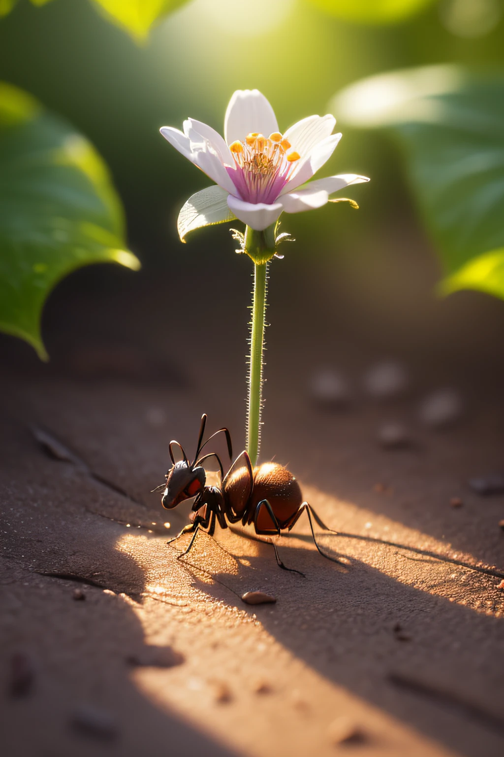 a ant garden,small ant,close-up of the ant,delicate flower petals,shimmering morning dew,sunlight filtering through the leaves,(best quality,4k,highres),vivid colors,natural lighting