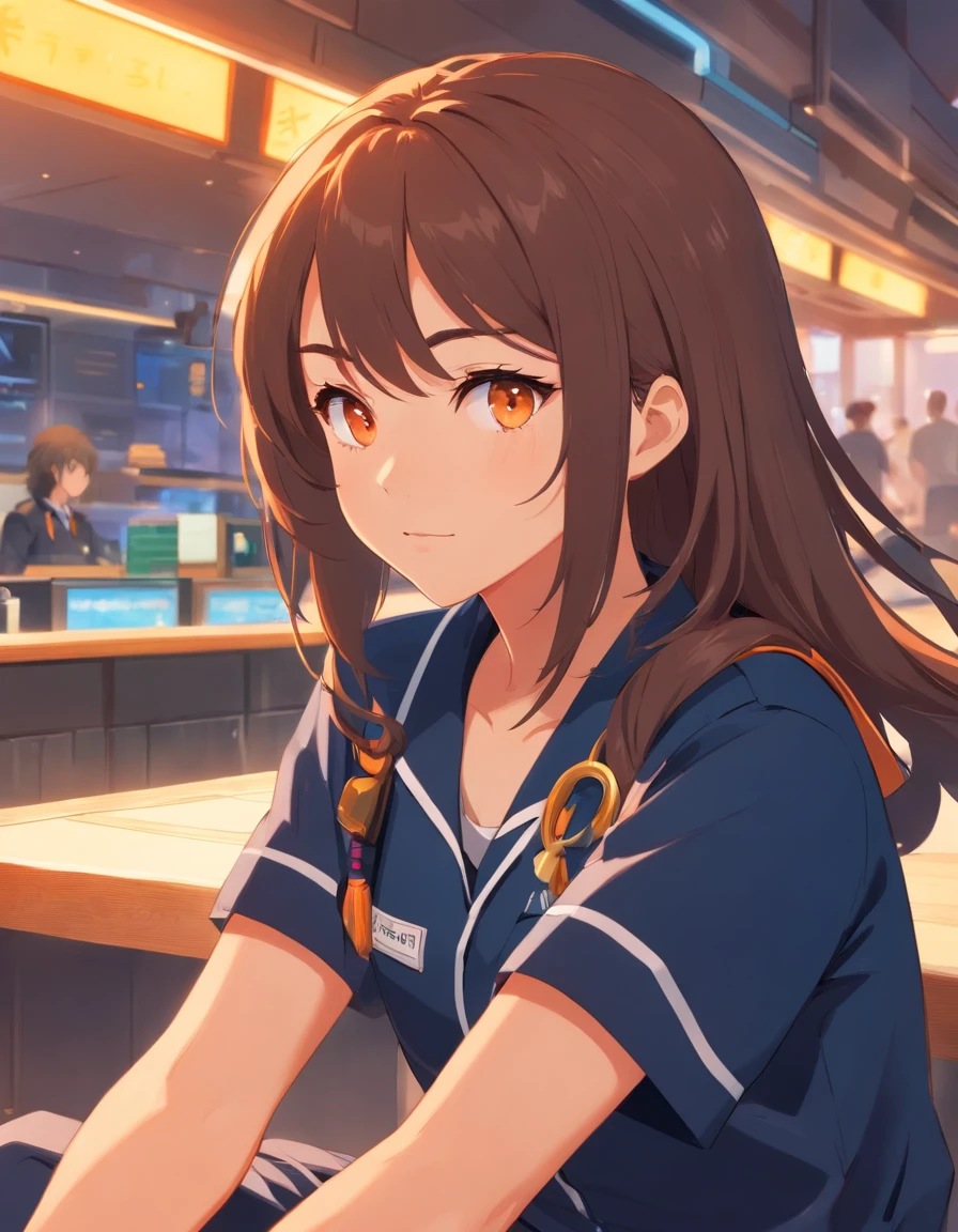 Sit up,masutepiece, Best Quality, Character Design, High Girl, Light orange eyes, brunette, Long hair, , Thigh Uniform, Sly milling, Black skin, spanish