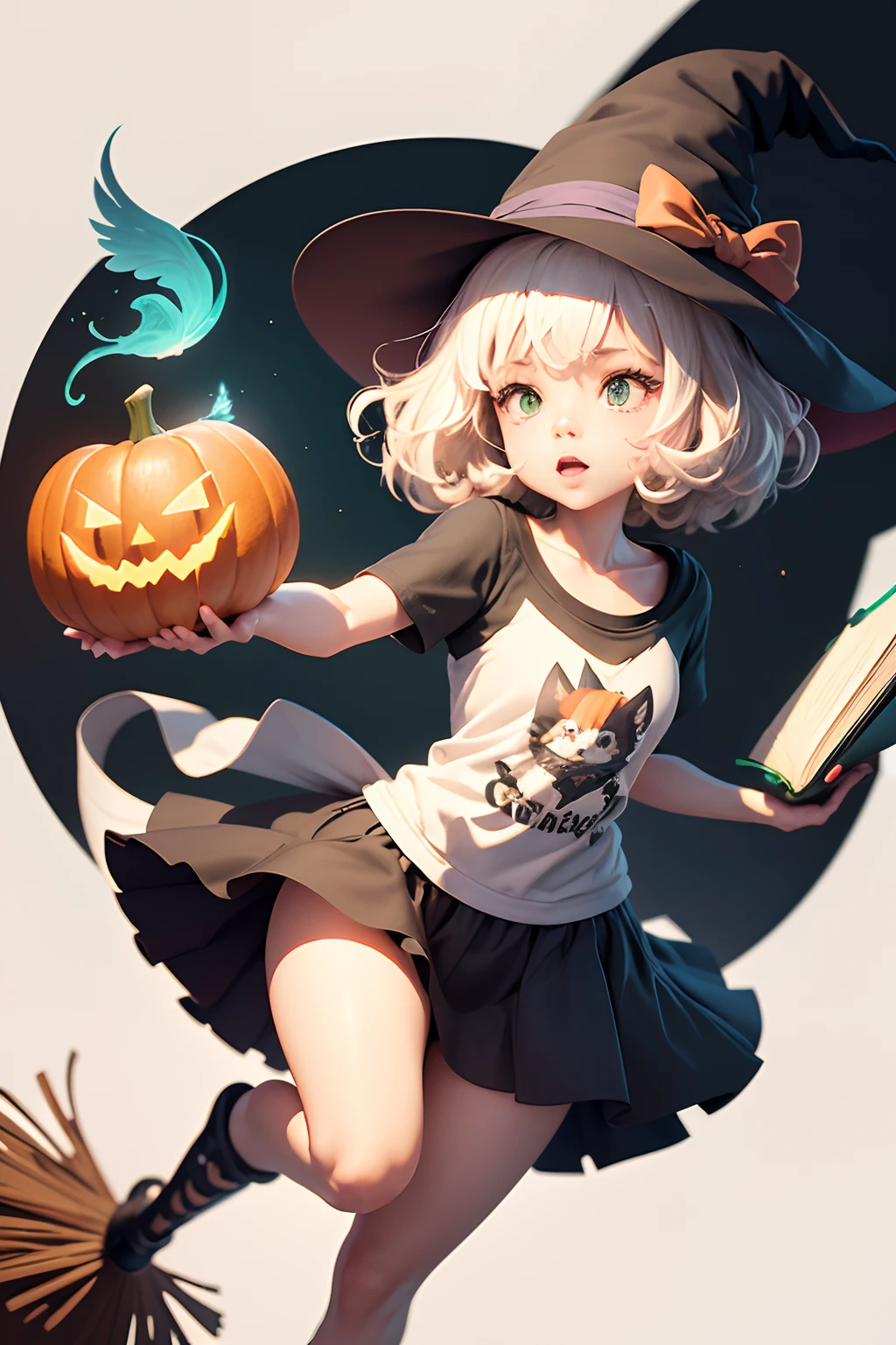 A detailed illustration of a print of a colorful cute black cat rides a broom has orange eyes and it wear witch hat and hold a book and peen next to a cute Halloween Pumpkin, hyper realistic high quality, t-shit desing graphic, vector, carton, contour, fantasy swirls splash, modern t-shirt design, in the style of Studio Ghibli, light white red and green pastel tetradic colors, 3D vector art, cute and quirky, fantasy art, watercolor effect, bokeh, Adobe Illustrator, hand-drawn, digital painting, low-poly, soft lighting, bird's-eye view, isometric style, retro aesthetic, focusedon the character, 4K resolution, photorealistic rendering, usingCinema 4D, isolated in a white background