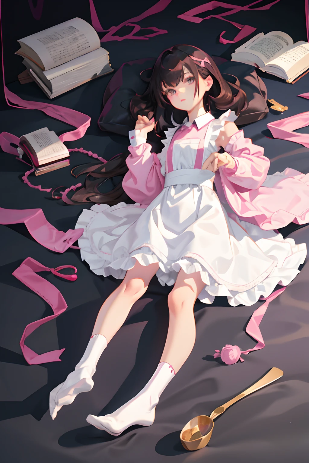 Pink maid clothes,A dark-haired,long,Bangs,white glove,White High Socks,Black shoes,child,petite body,Delicate body