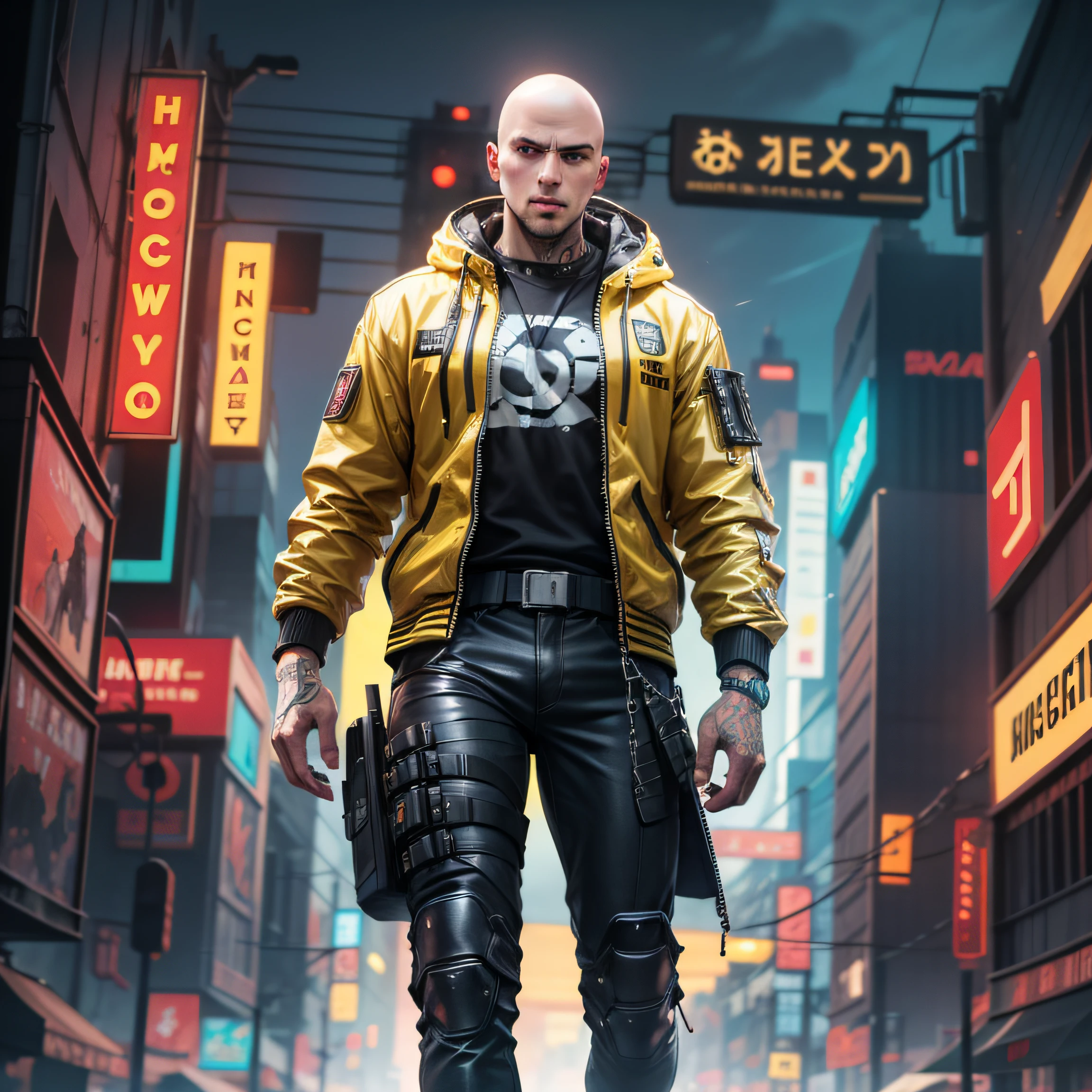 Masterpiece//, (1man), (Half body), Tall muscular, (wearing black and yellow Cyberpunk jacket), (Bald), Hacker, Implants, Dynamic lighting, Cinematic lighting, Volumetric lighting, Ultra High Resolution, Cyberpunk, Cyberpunk Night Cyberpunk City with neon lighting.