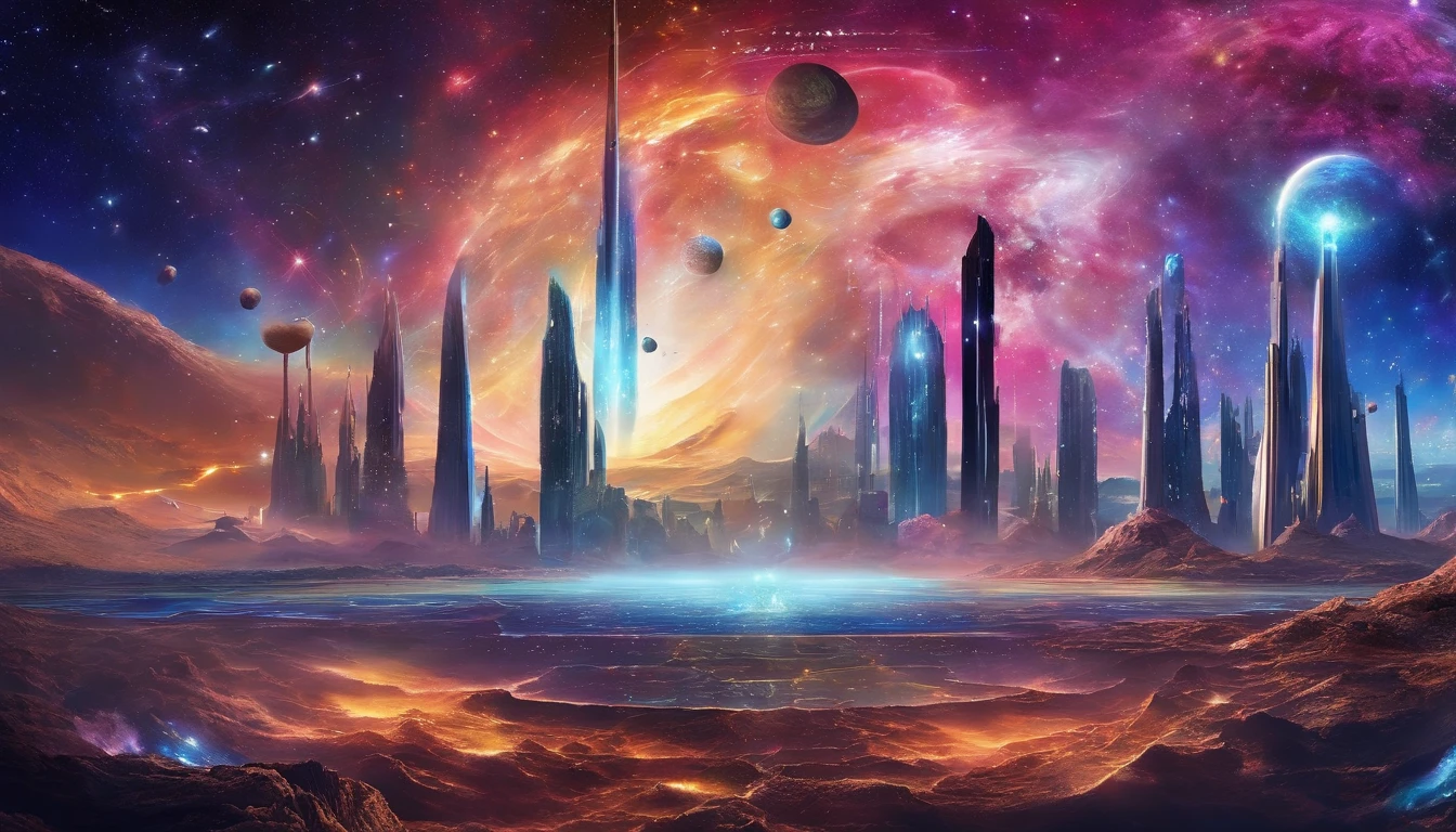 infinitely tall tower, shaped by galaxies,towering skyscrapers,reach the stars,twinkling galaxies,cosmic forces,celestial architecture,unfathomable height,illuminated by starlight,interstellar energy,rays of cosmic brilliance,majestic spires,reaching towards the heavens,grandeur and magnificence,galaxies swirling,stellar bodies dancing,awe-inspiring beauty,otherworldly allure,ethereal presence,expansive vistas,stunning cosmic panorama,celestial symphony,colorful nebulae,pulsating energy,pure tranquility,serene cosmic stillness,mysterious depths,cosmic secrets revealed,intergalactic tapestry,cosmic ballet of light,divine masterpiece,cosmic harmony,illuminating the universe,transcendent splendor,celestial wonderland,surreal dreamscape,intertwined dimensions,cosmic gateways,vibrant colors,pulsing with energy,celestial radiance,treasures of the universe,endless discovery,unveiling the cosmos' majesty.