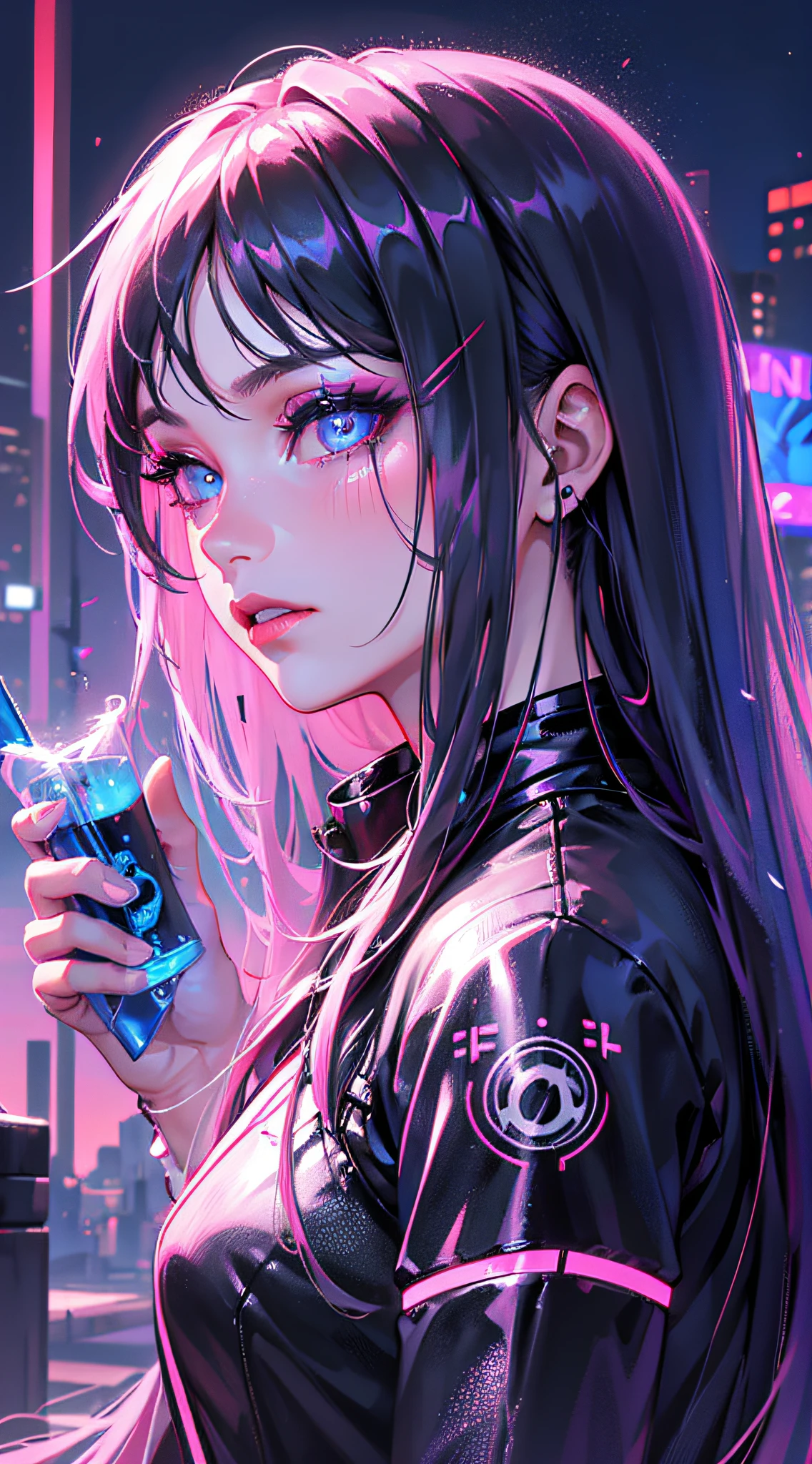 A girl, long hair, half picture, city, future, cyberpunk, science fiction, black silk, shorts, night scene, midnight, blue light, neon, night, face close-up, delicate features, beautiful girl, beauty, charming,fashi-girl,red lips,realistic,makeup,